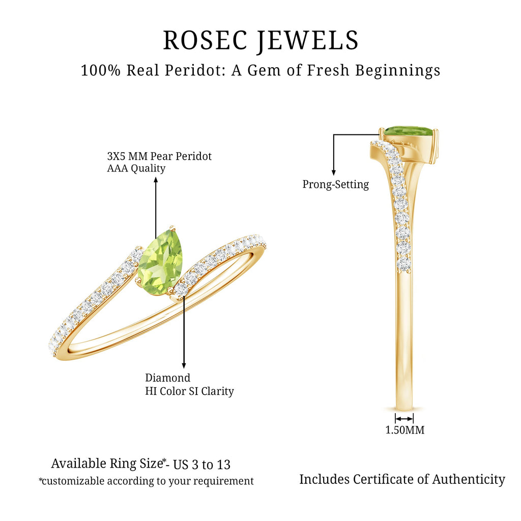 Natural Pear Shape Peridot Promise Ring with Bypass Diamond