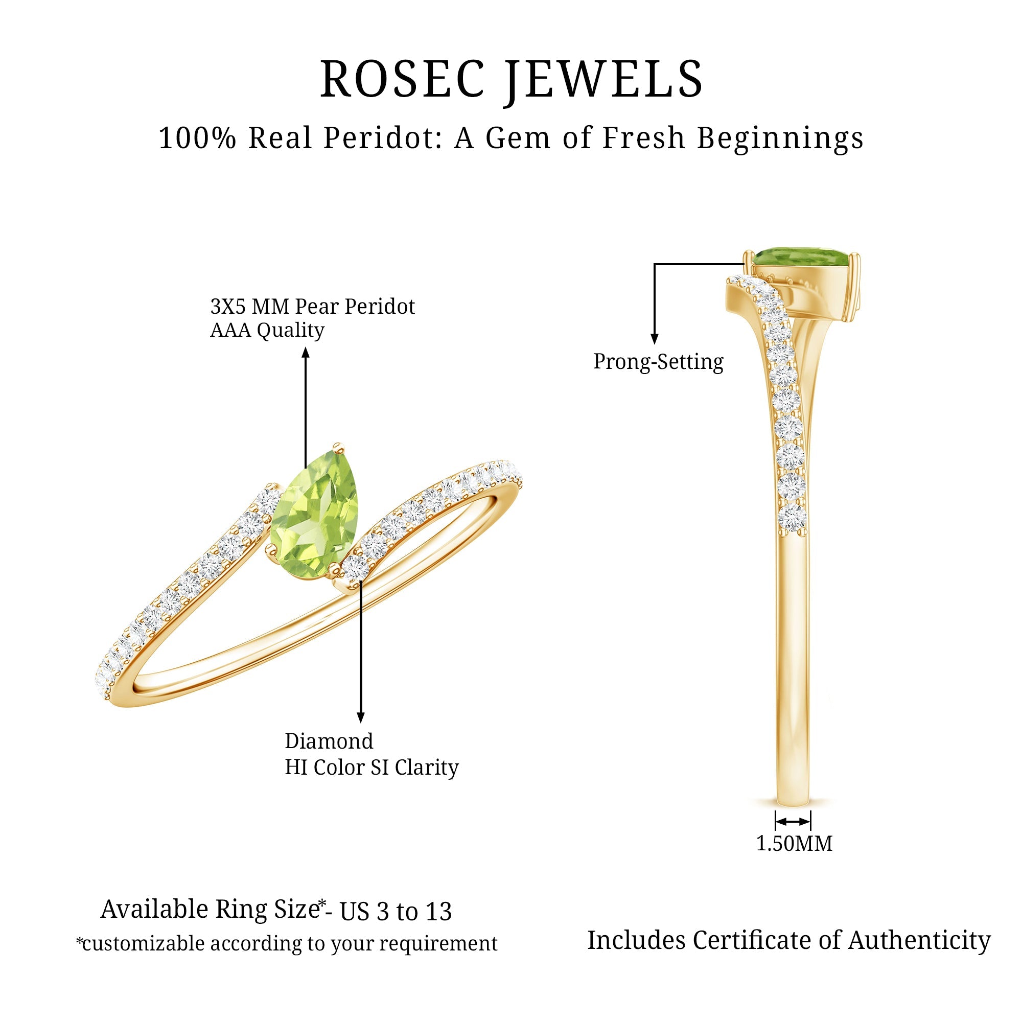 Natural Pear Shape Peridot Promise Ring with Bypass Diamond