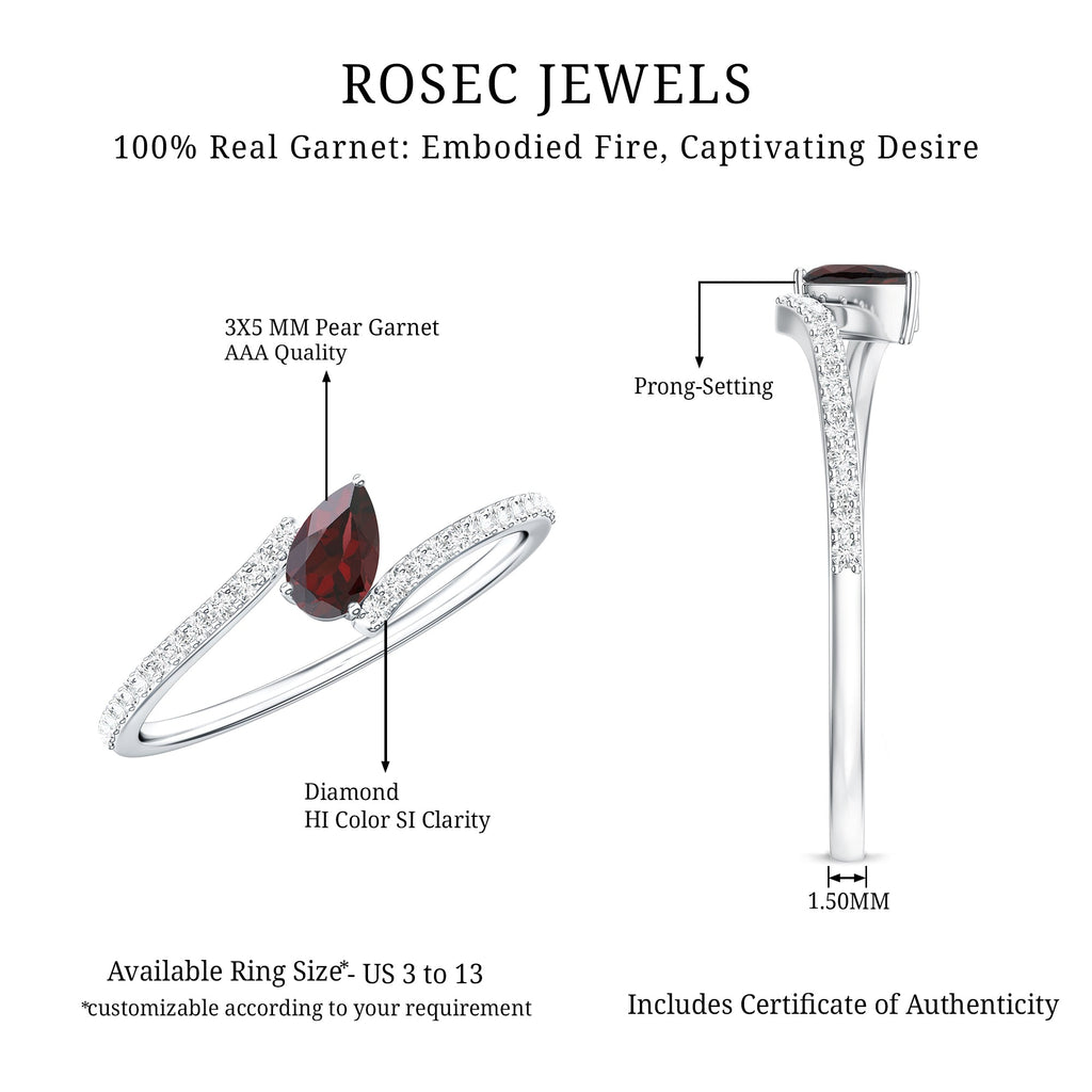 Real Pear Shape Garnet Promise Ring with Diamond Bypass Shank