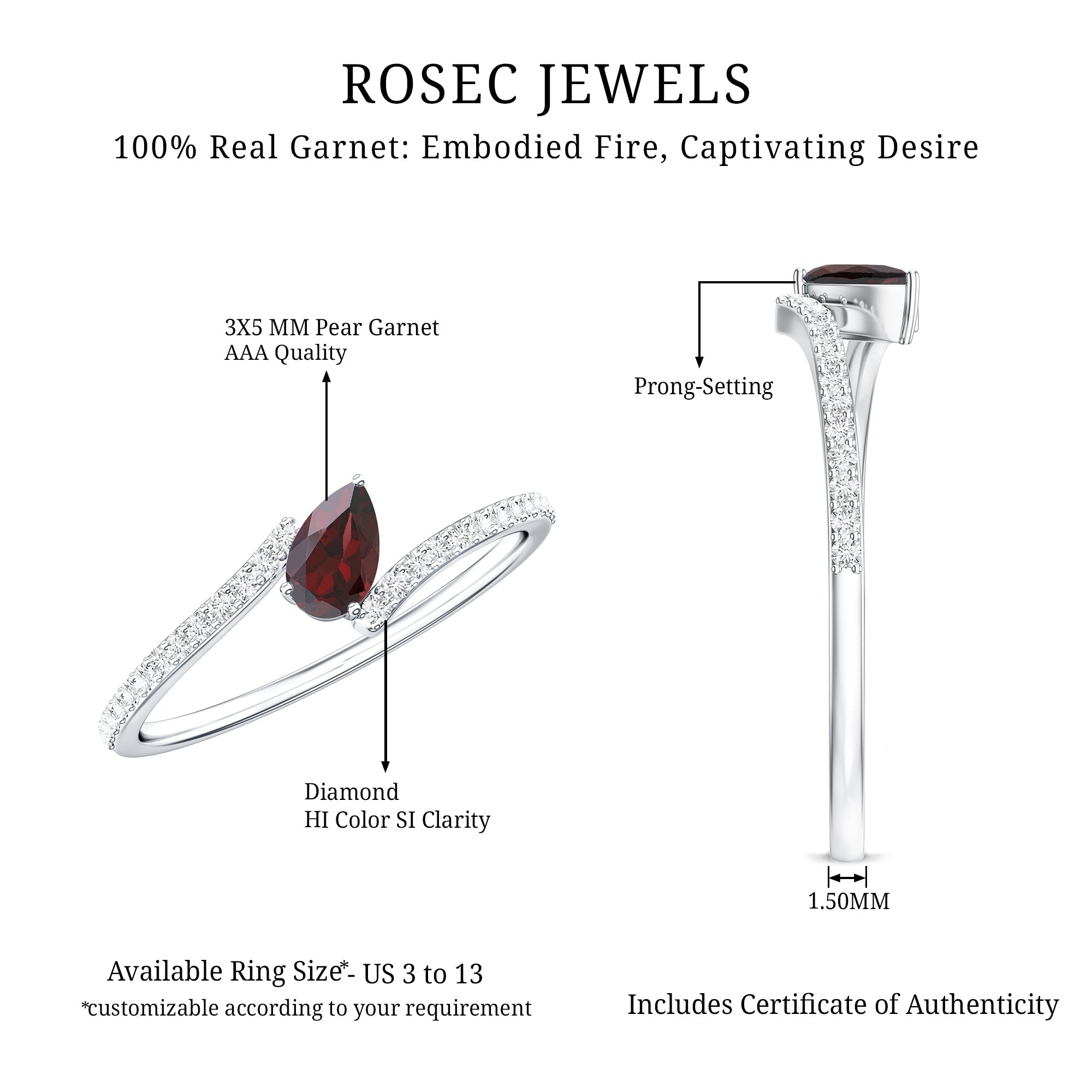 Real Pear Shape Garnet Promise Ring with Diamond Bypass Shank