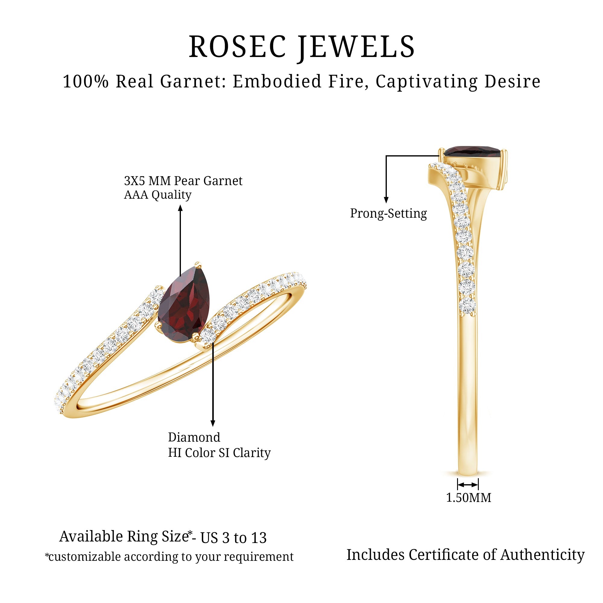 Real Pear Shape Garnet Promise Ring with Diamond Bypass Shank