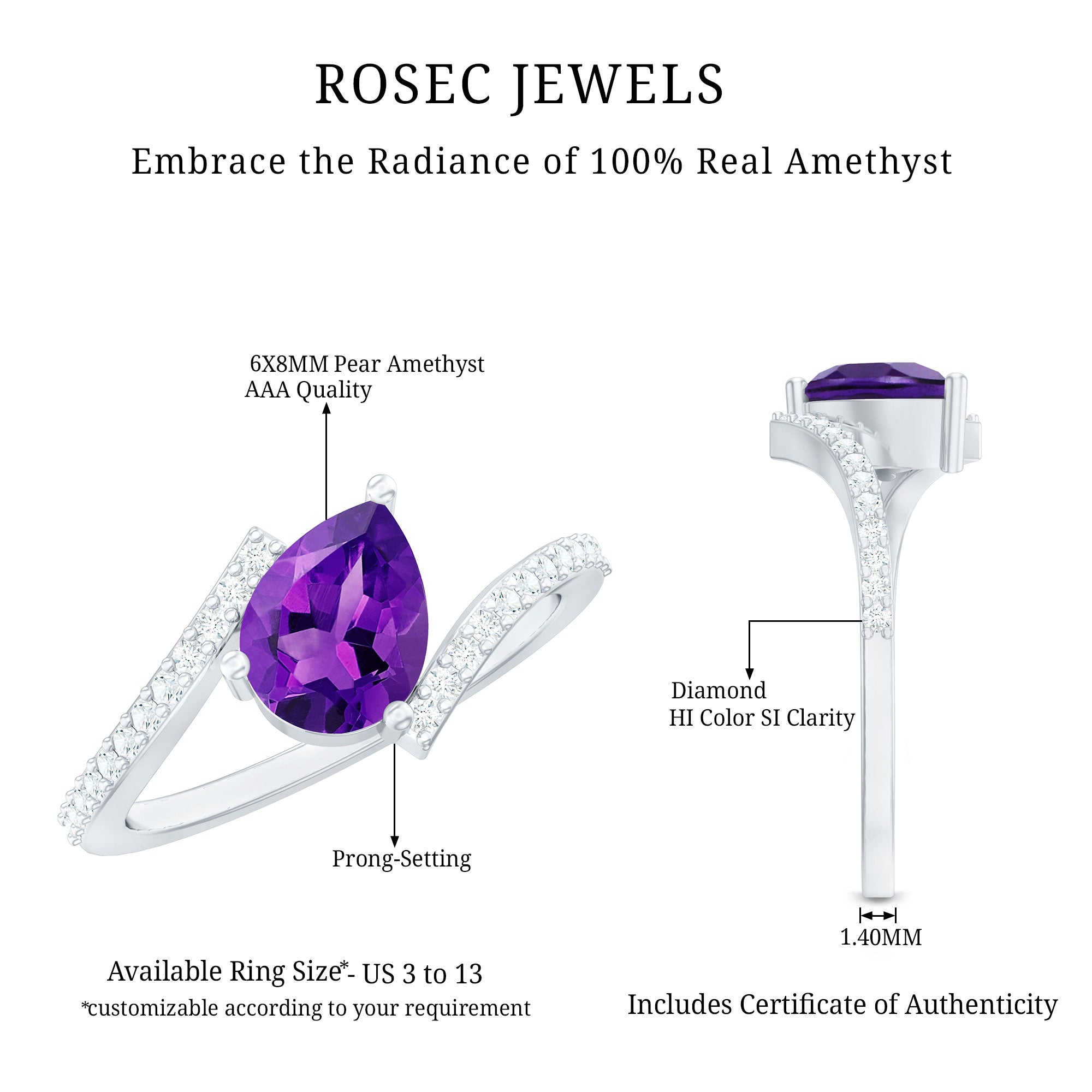 Tilted Pear Shape Solitaire Amethyst Bypass Promise Ring with Diamond