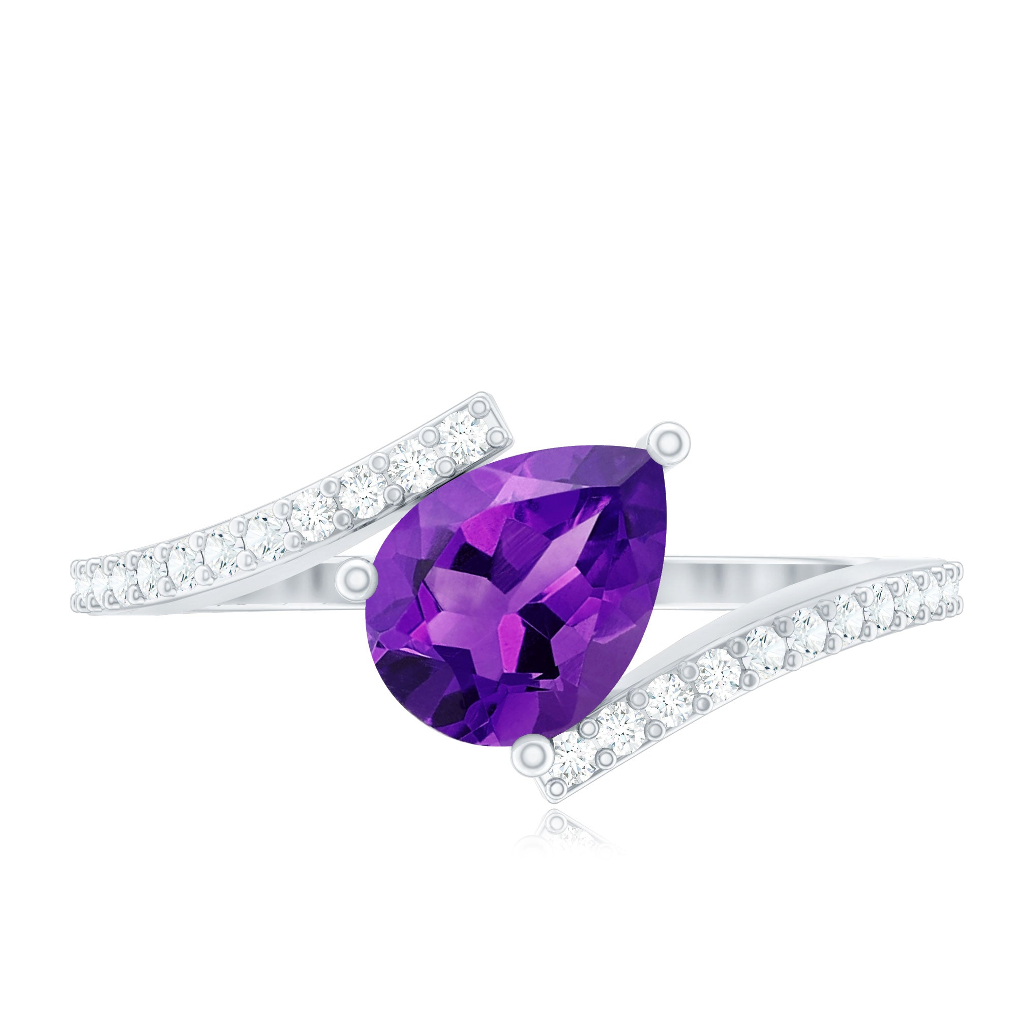 Tilted Pear Shape Solitaire Amethyst Bypass Promise Ring with Diamond