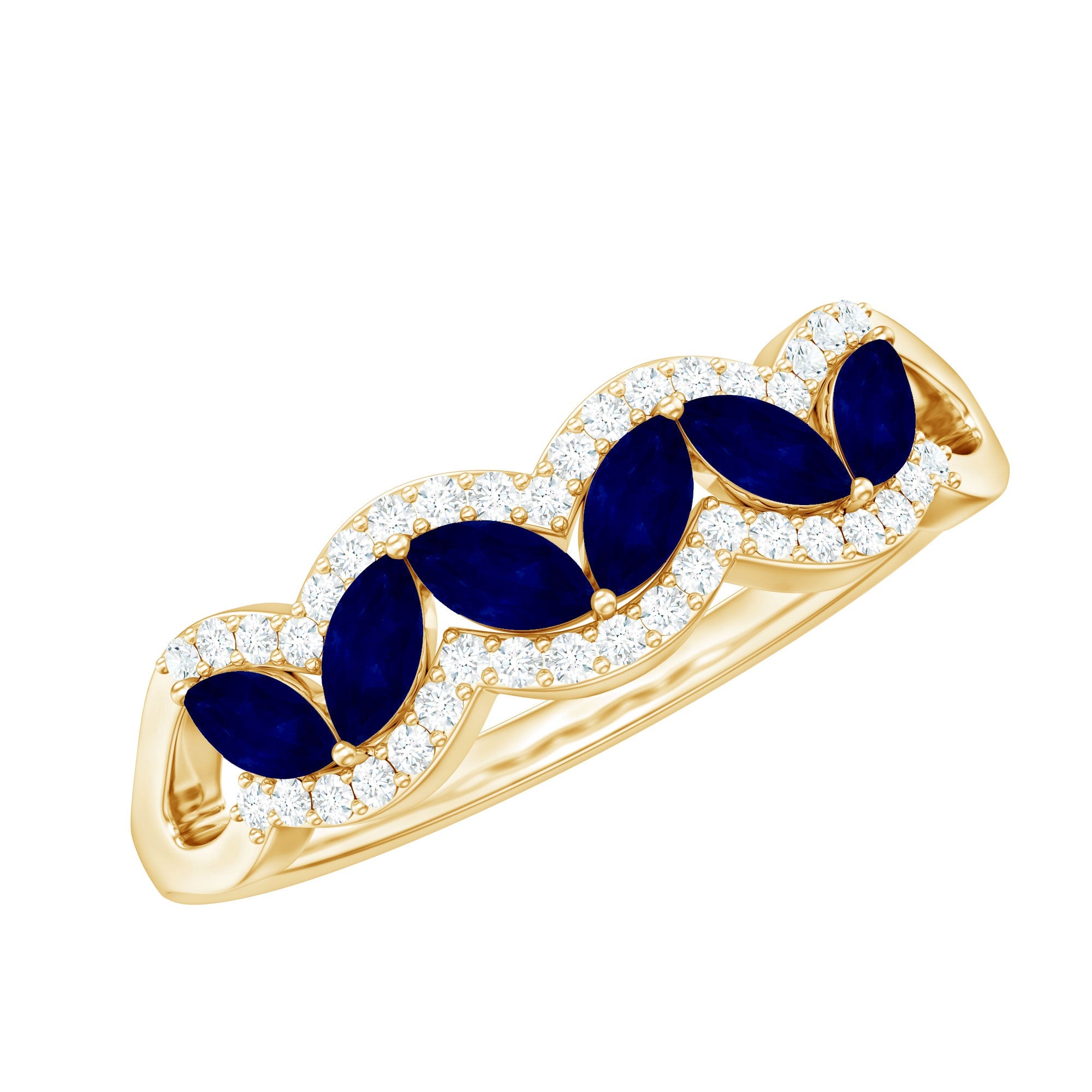 Certified Marquise Cut Blue Sapphire and Diamond Wedding Anniversary Band Ring