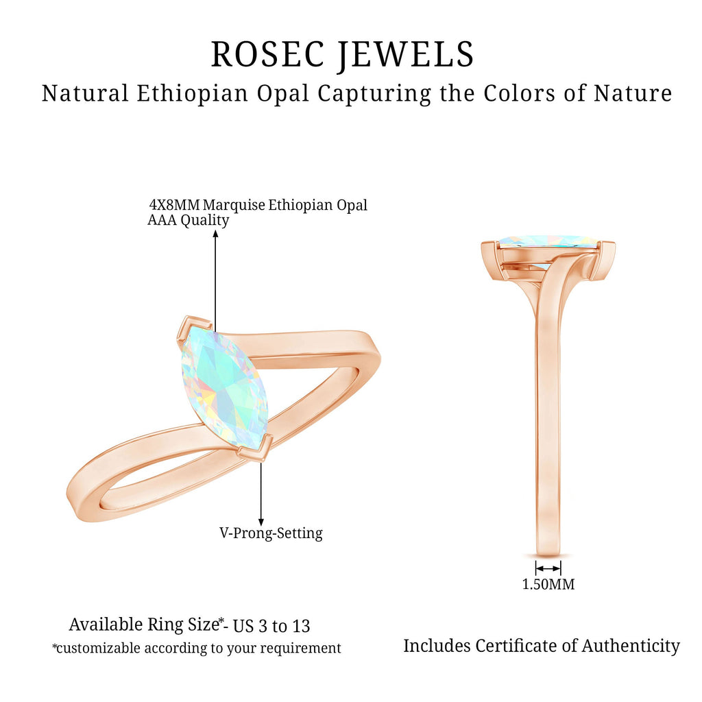 Natural Marquise Ethiopian Rainbow Opal Promise Ring with Bypass Shank