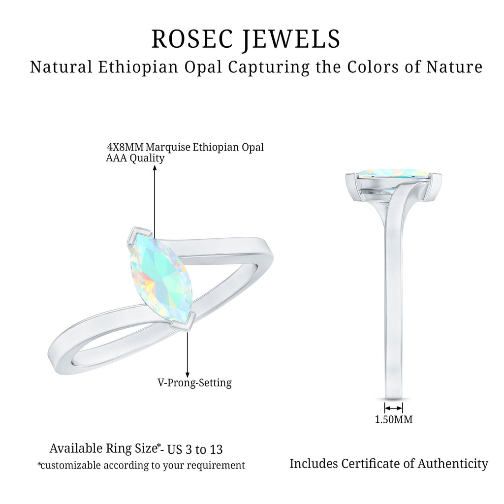 Natural Marquise Ethiopian Rainbow Opal Promise Ring with Bypass Shank