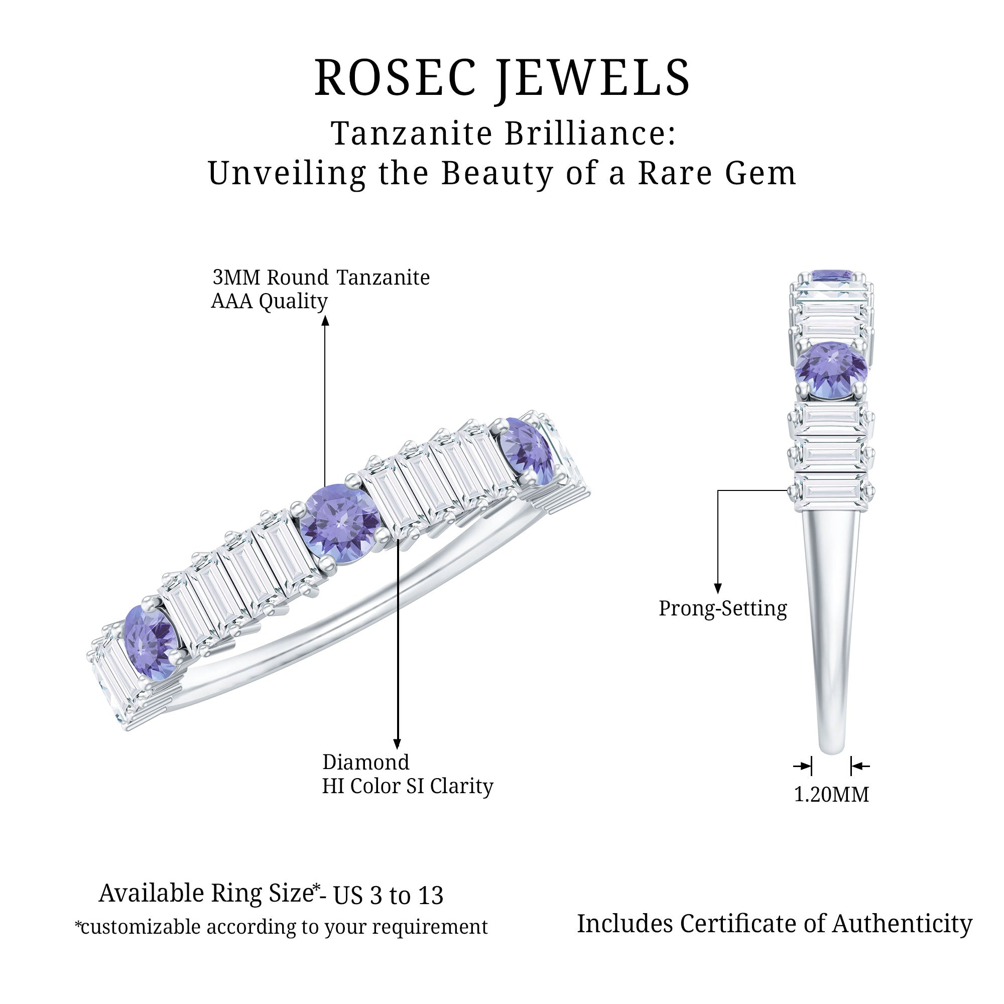 Classic Tanzanite and Diamond Half Eternity Band Ring
