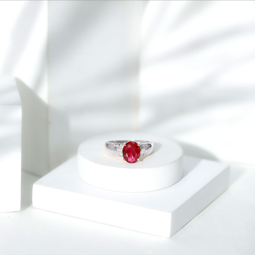 Oval Lab Grown Ruby Statement Engagement Ring with Diamond