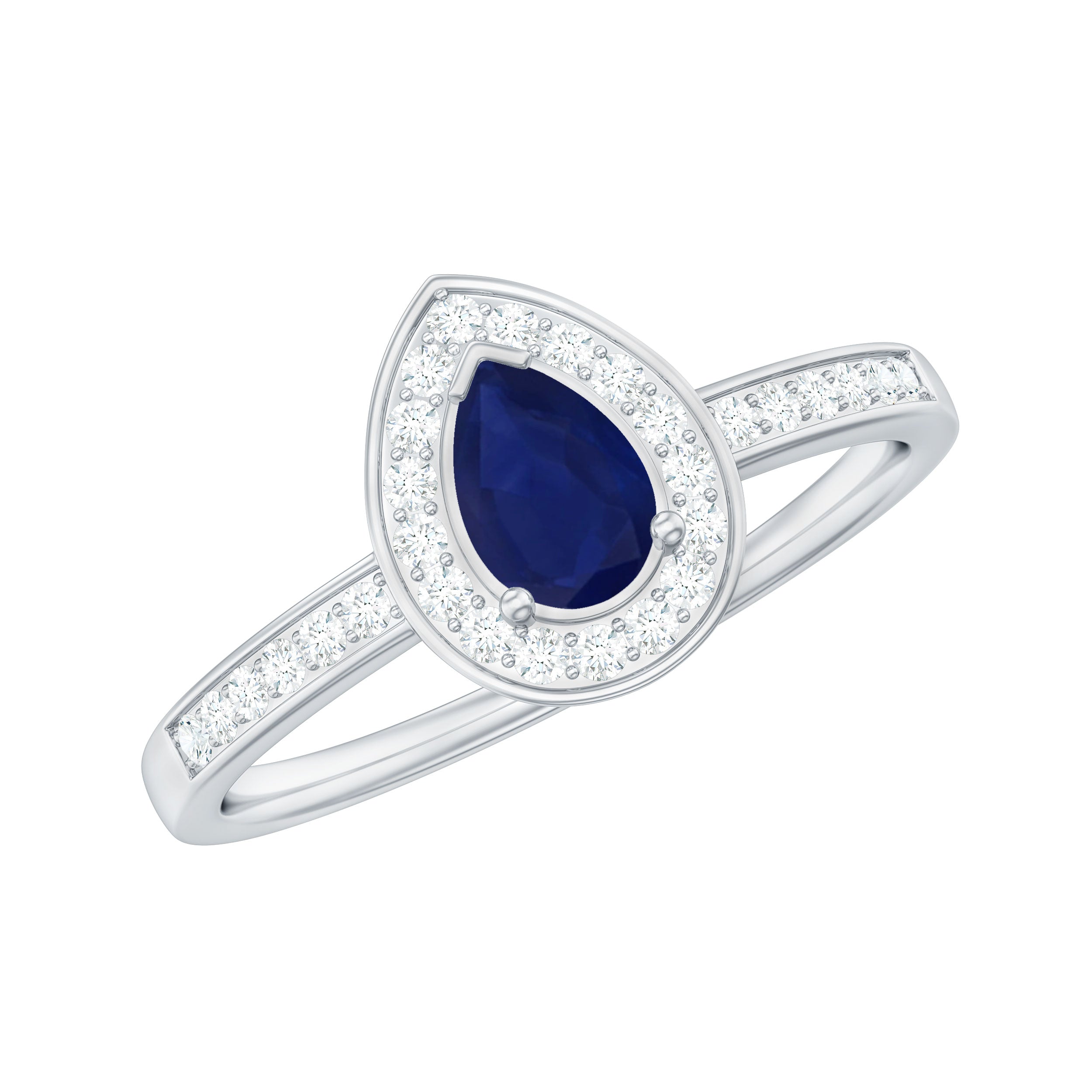 Genuine 0.5 Carat Blue Sapphire and Diamond Pear Halo Engagement Ring