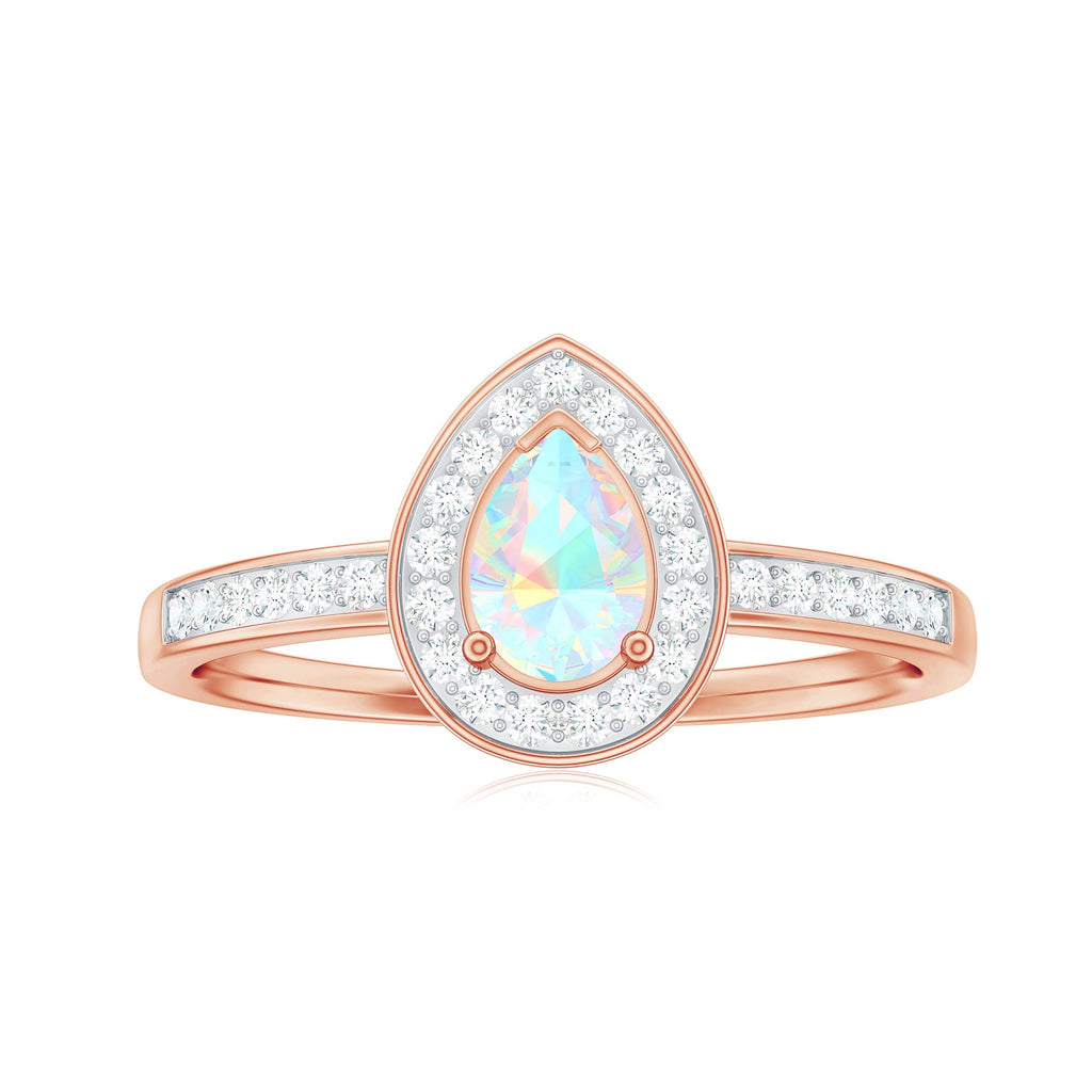 Natural 0.7 Carat Opalescent Teardrop Engagement Ring with Diamond Halo
