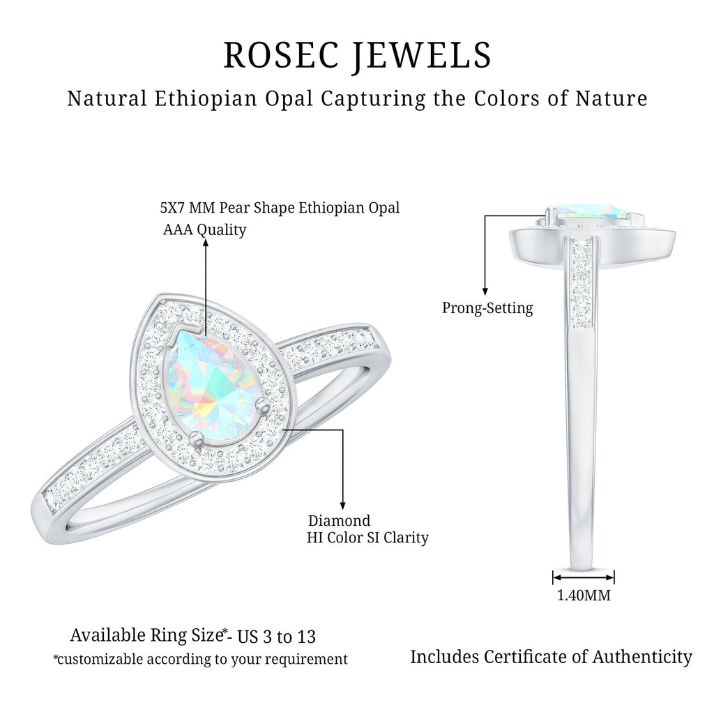 Natural 0.7 Carat Opalescent Teardrop Engagement Ring with Diamond Halo