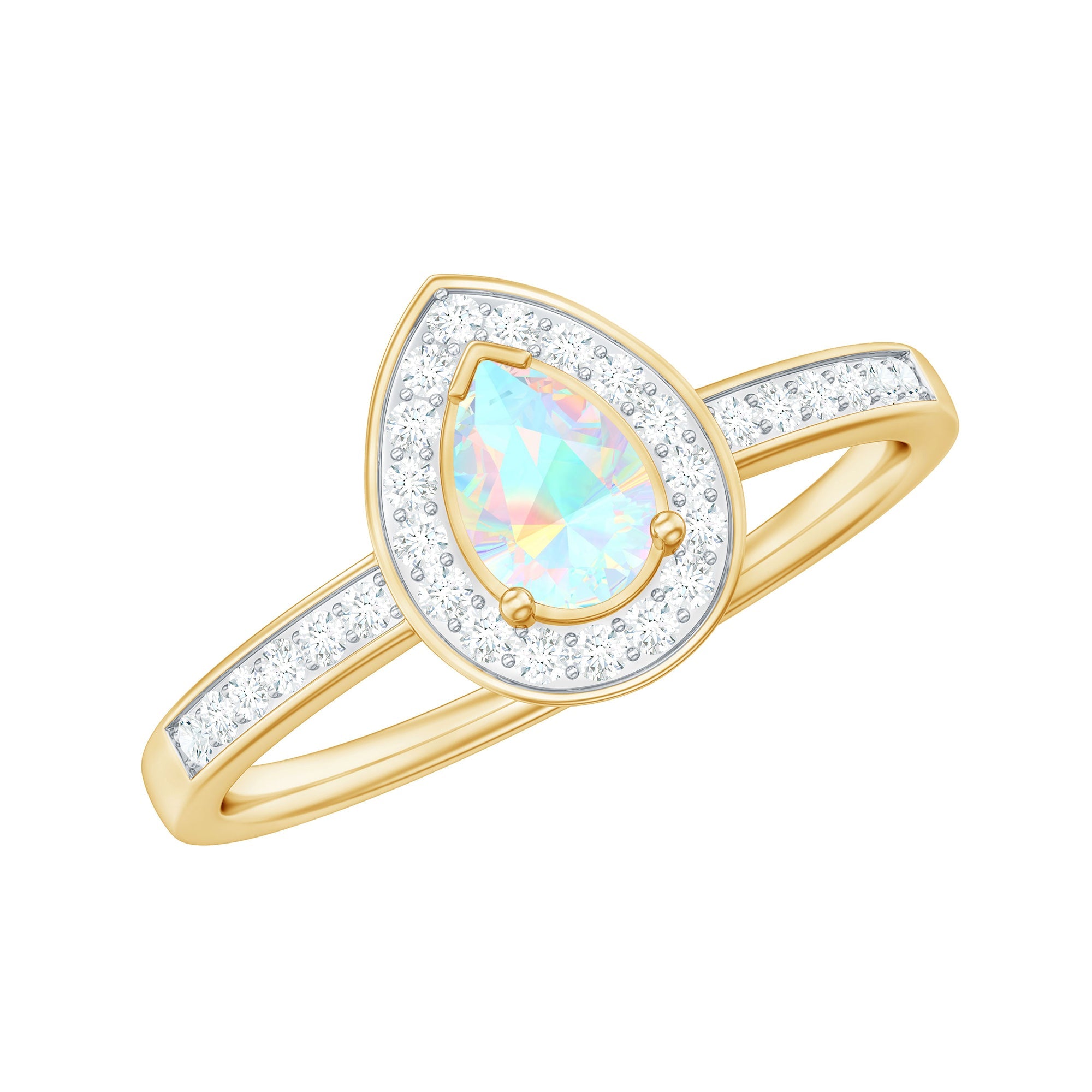 Natural 0.7 Carat Opalescent Teardrop Engagement Ring with Diamond Halo