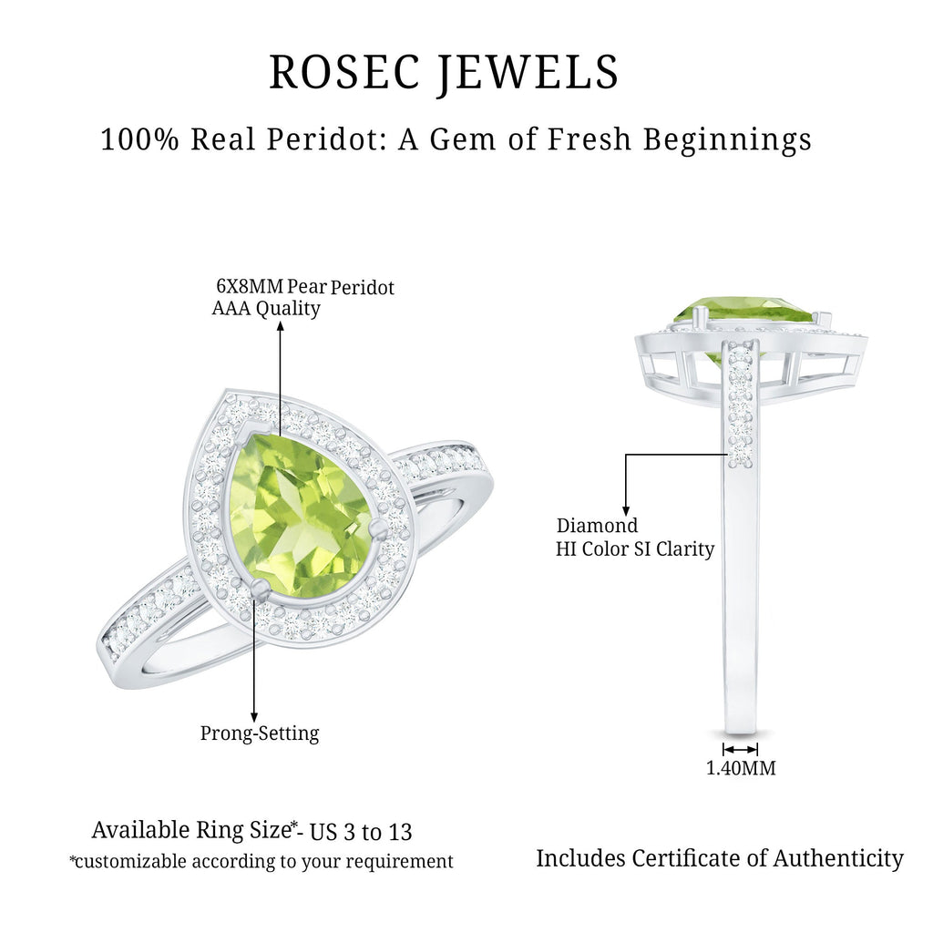 Natural 1 Carat Peridot Teardrop Engagement Ring with Diamond Halo