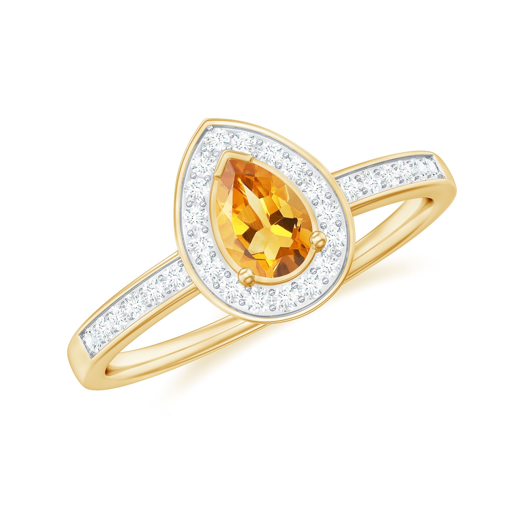 Natural 0.6 Carat Pear Shape Citrine Engagement Ring with Diamond Halo