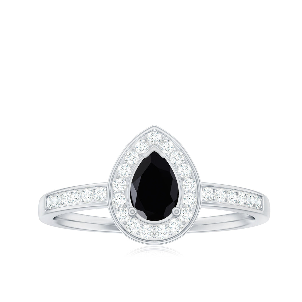 Genuine Black Spinel Teardrop Engagement Ring with Diamond Halo