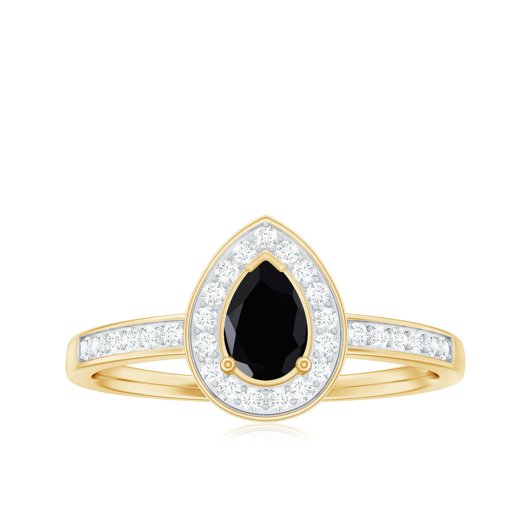 Genuine Black Spinel Teardrop Engagement Ring with Diamond Halo