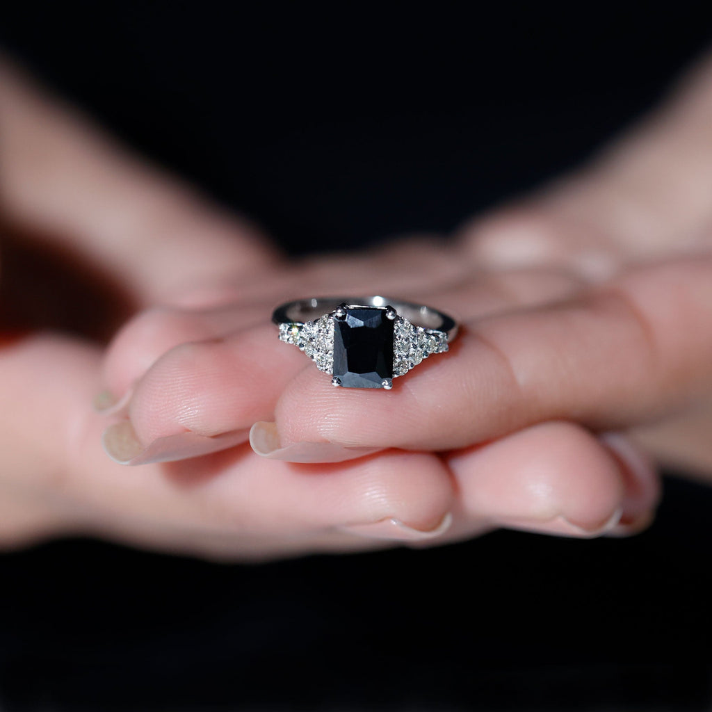 Certified 1.8 Carat Emerald Cut Black Onyx Engagement Ring with Diamonds