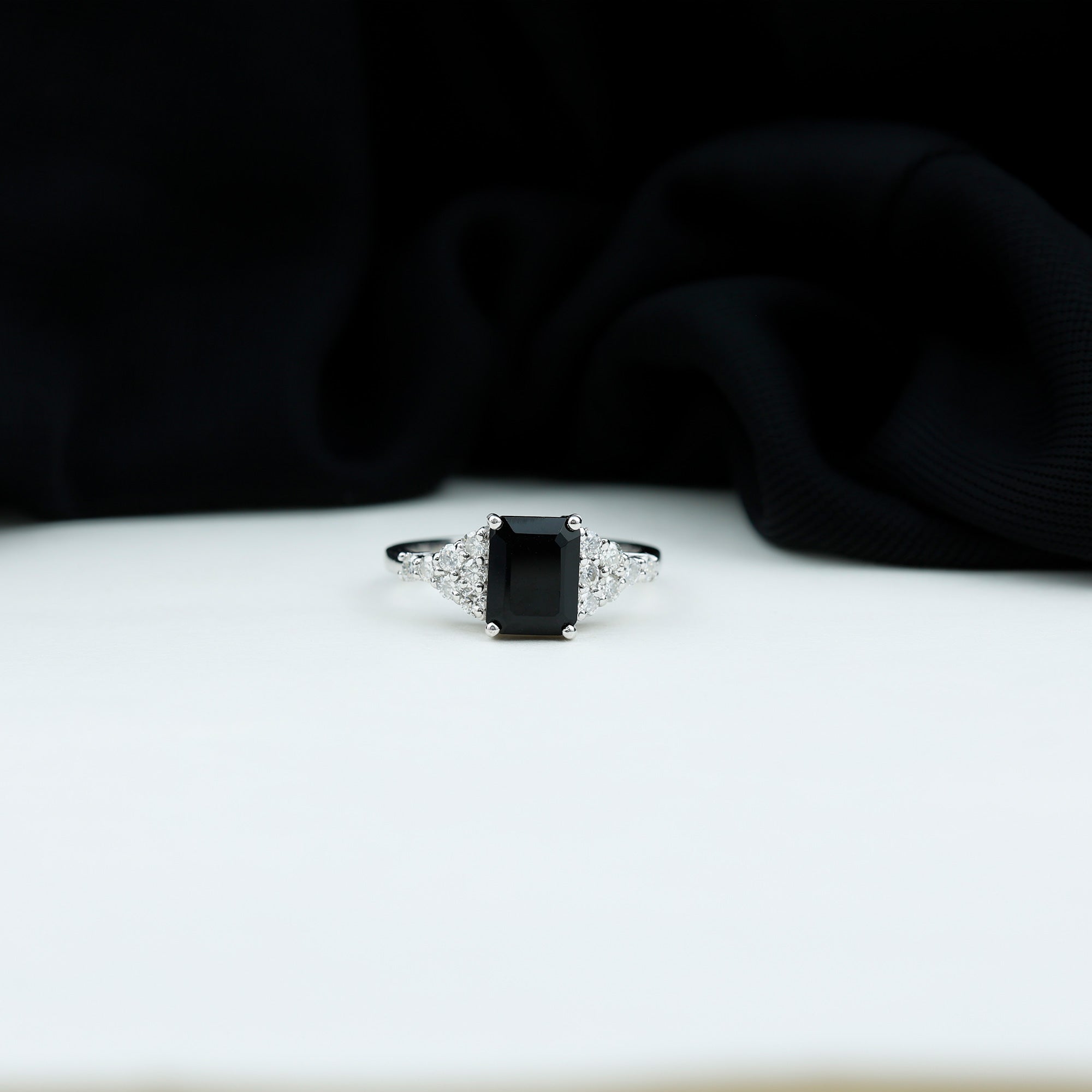 Certified 1.8 Carat Emerald Cut Black Onyx Engagement Ring with Diamonds