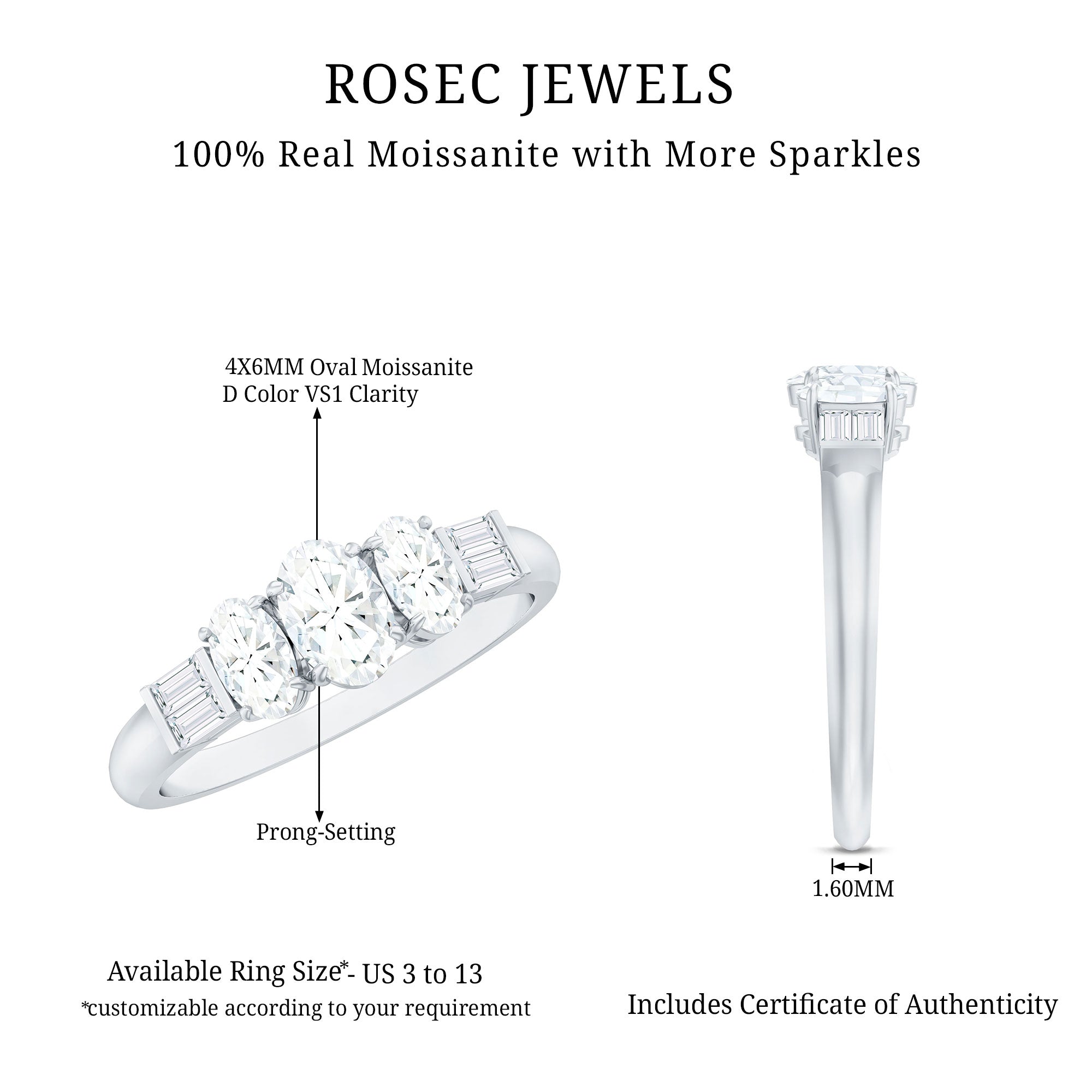 Oval Moissanite Three Stone Anniversary Ring for Women