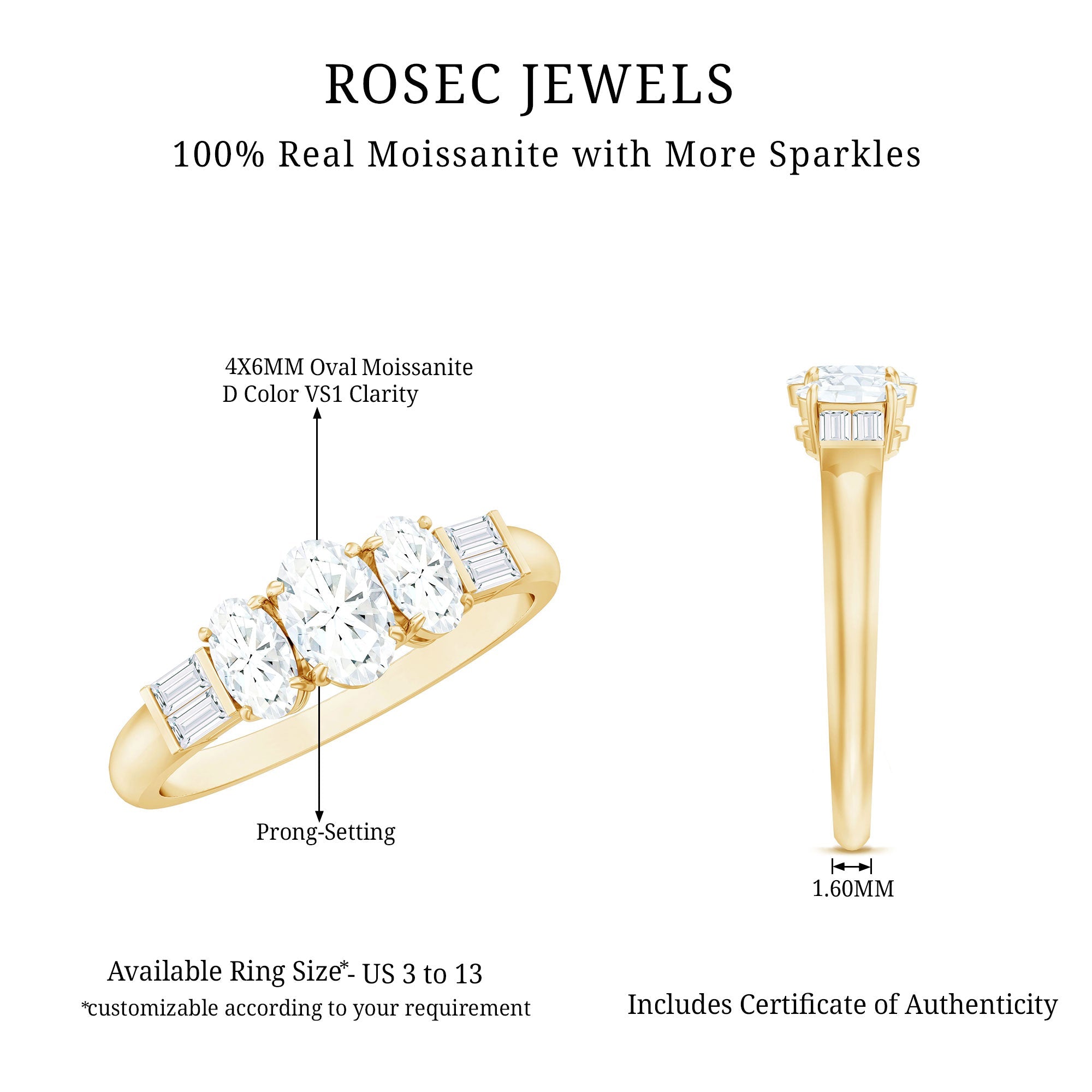 Oval Moissanite Three Stone Anniversary Ring for Women