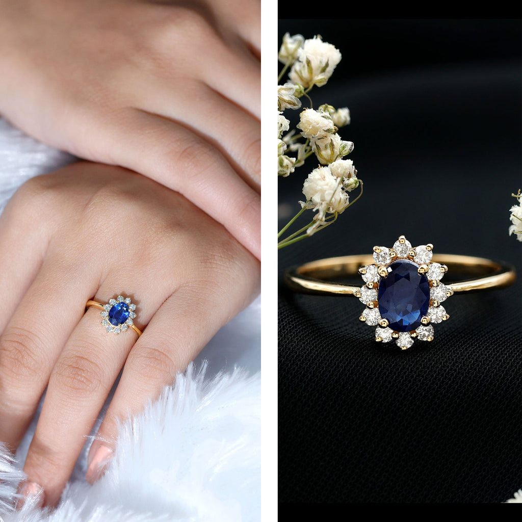 Natural 1 Carat Blue Sapphire Princess Diana Inspired Engagement Ring with Diamonds