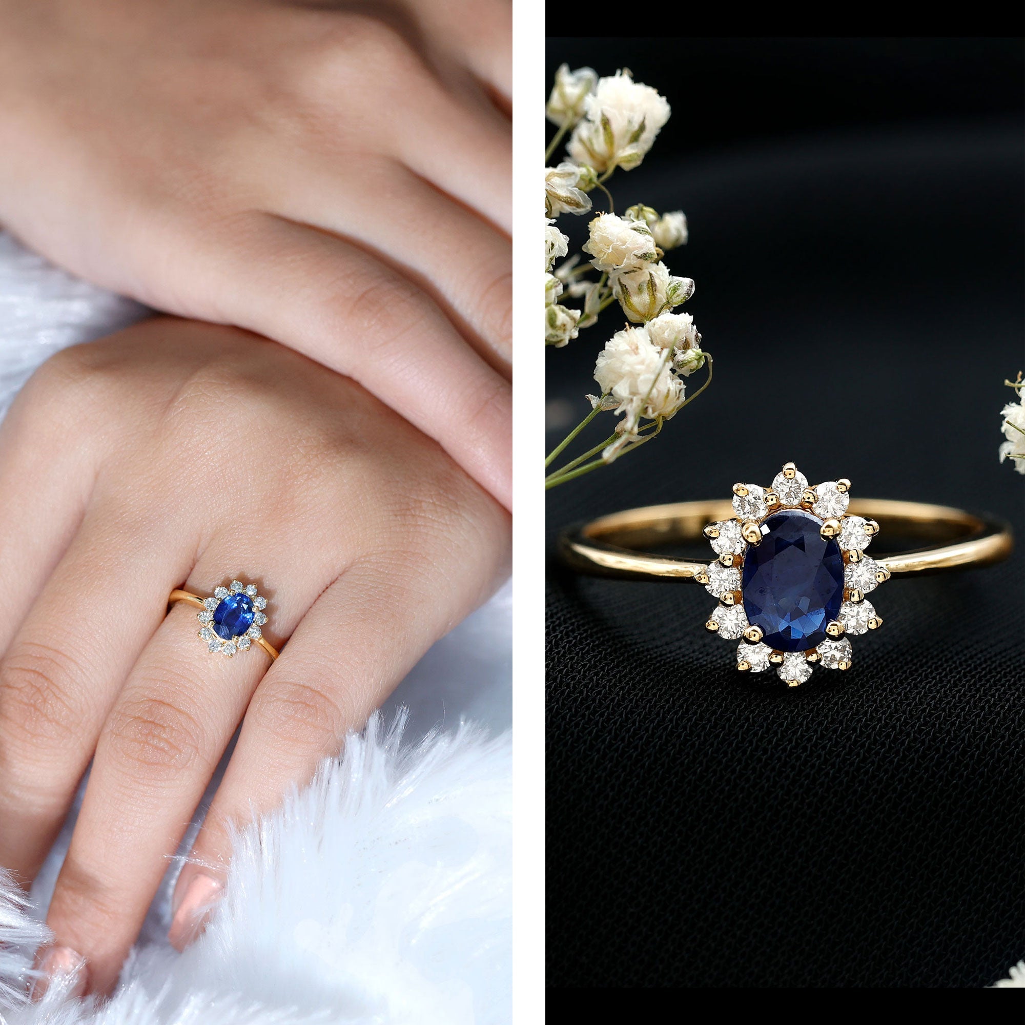 Natural 1 Carat Blue Sapphire Princess Diana Inspired Engagement Ring with Diamonds