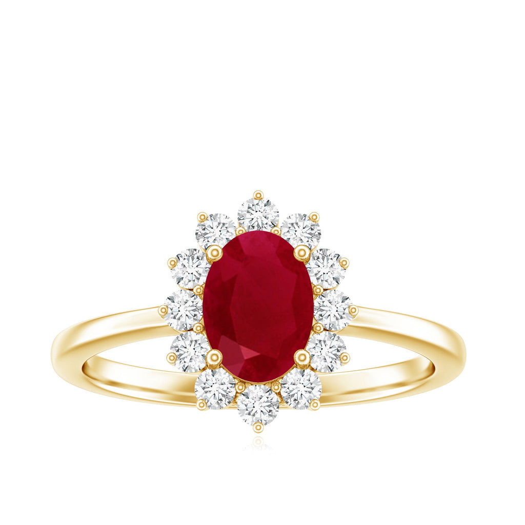 Natural 0.6 Carat Oval Ruby Engagement Ring with Diamond Halo