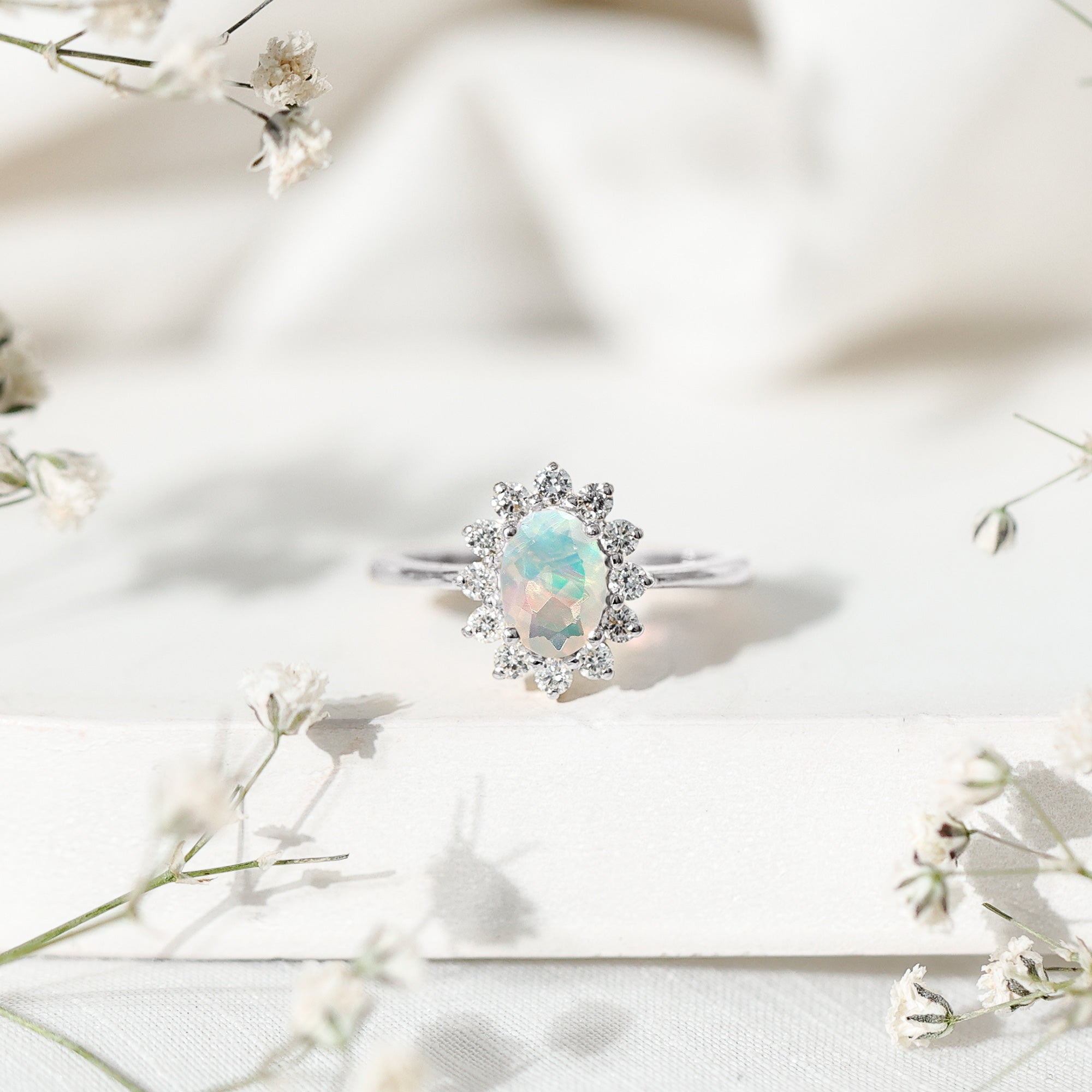 Certified Real Ethiopian Opal Oval Engagement Ring with Diamond Halo