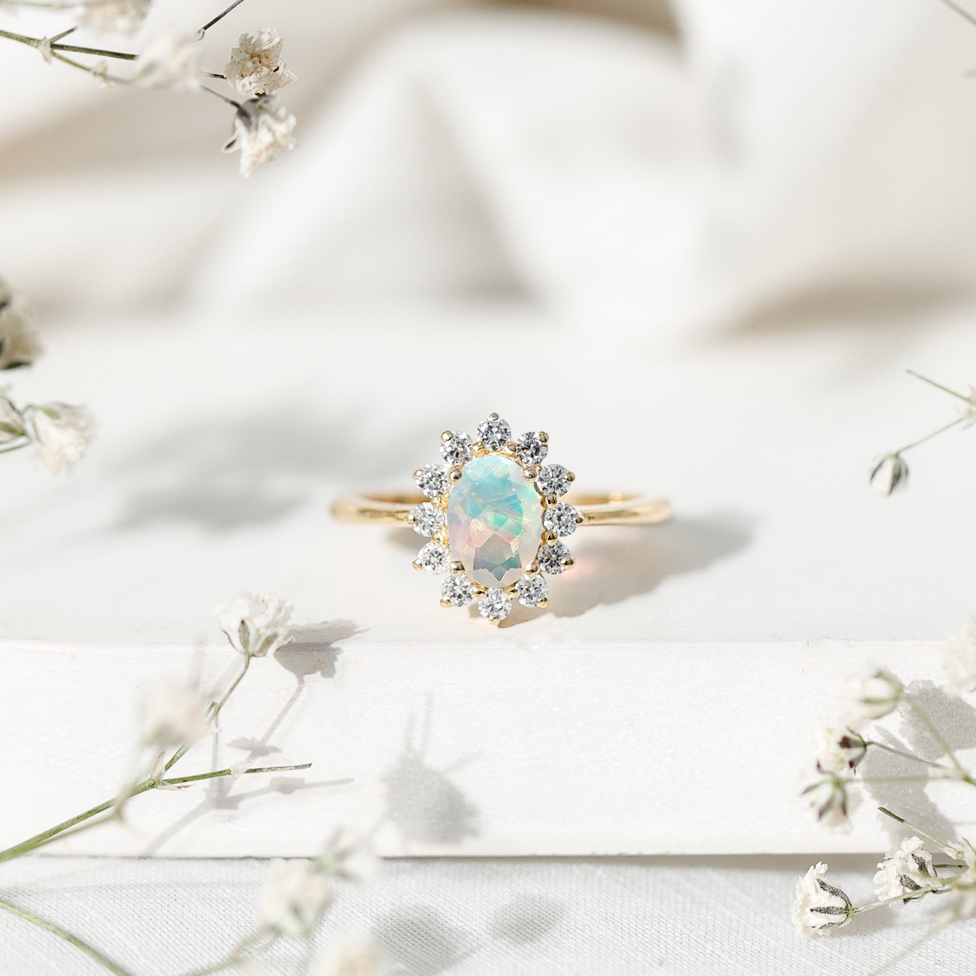 Certified Real Ethiopian Opal Oval Engagement Ring with Diamond Halo