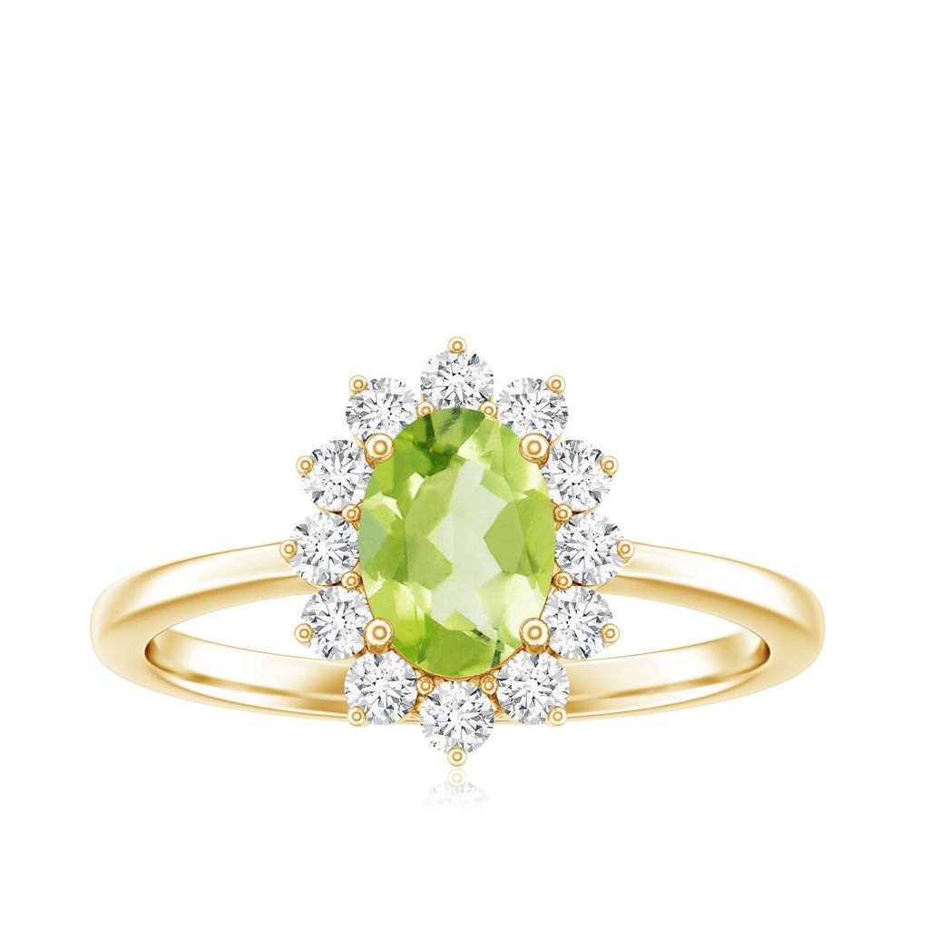 Real 1 Carat Peridot Oval Engagement Ring with Diamond Halo