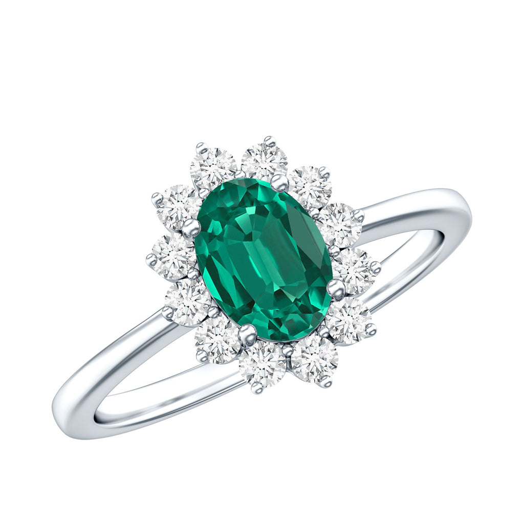 Lab Created Emerald Princess Diana Inspired Engagement Ring with Diamond