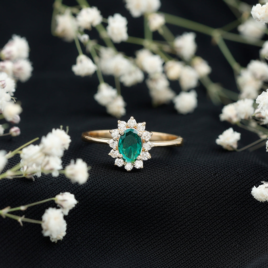 Lab Created Emerald Princess Diana Inspired Engagement Ring with Diamond