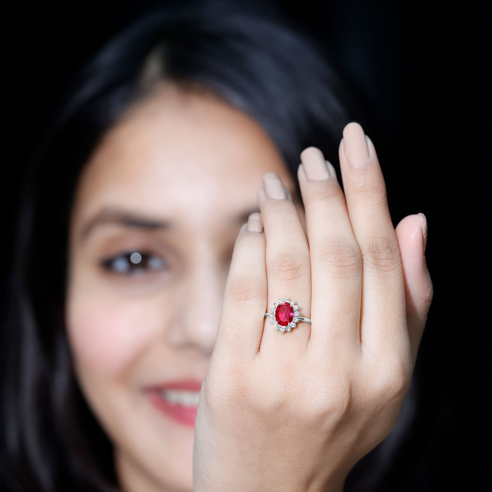 1.5 Carat Oval Shape Lab Grown Ruby and Diamond Halo Engagement Ring