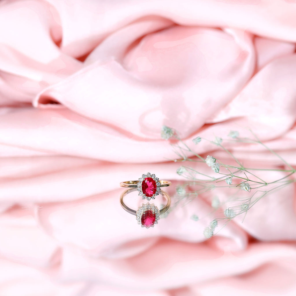 1.5 Carat Oval Shape Lab Grown Ruby and Diamond Halo Engagement Ring