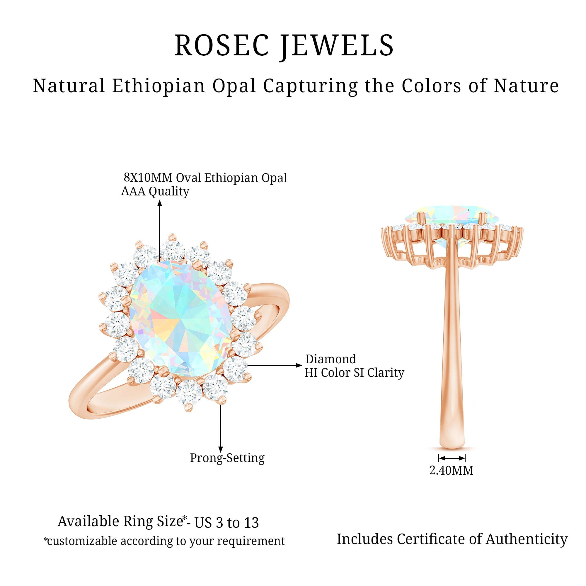 Natural 1.3 Carat Ethiopian Rainbow Opal Oval Engagement Ring with Diamond Halo