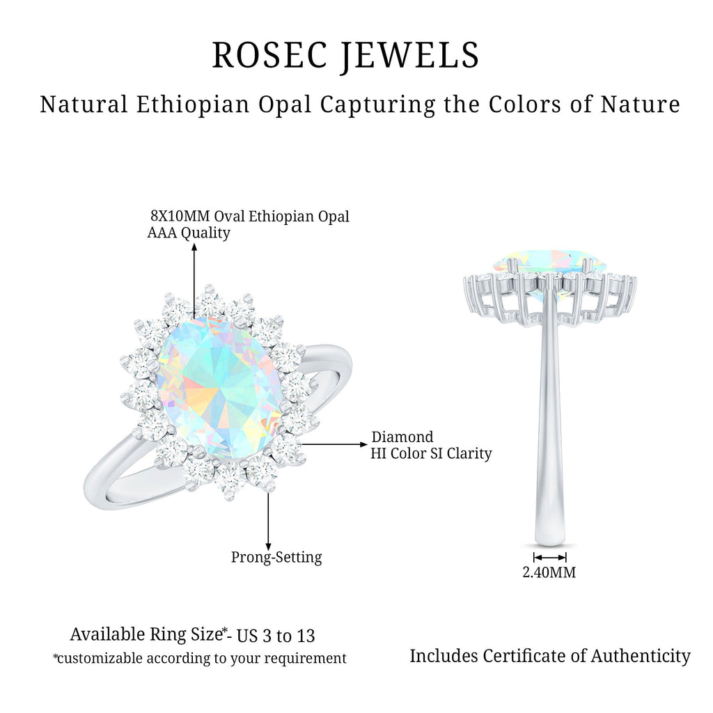 Natural 1.3 Carat Ethiopian Rainbow Opal Oval Engagement Ring with Diamond Halo