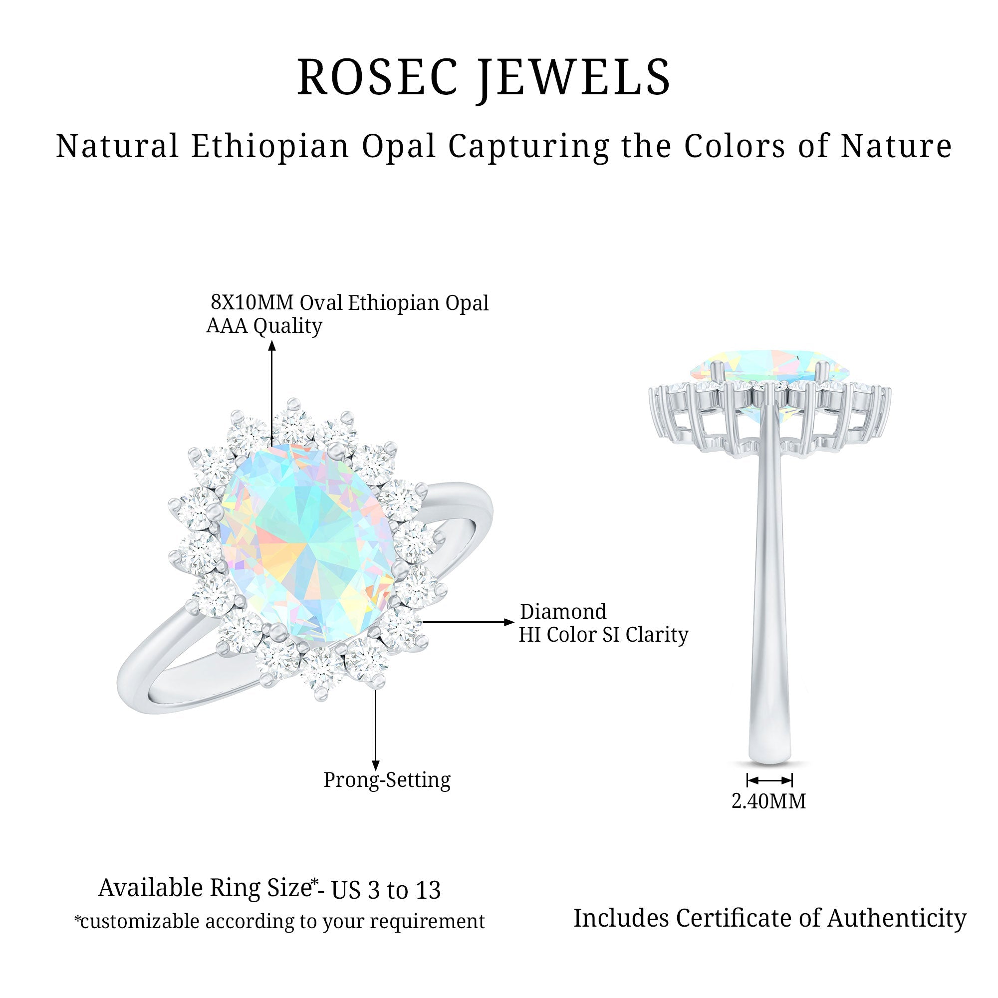 Natural 1.3 Carat Ethiopian Rainbow Opal Oval Engagement Ring with Diamond Halo