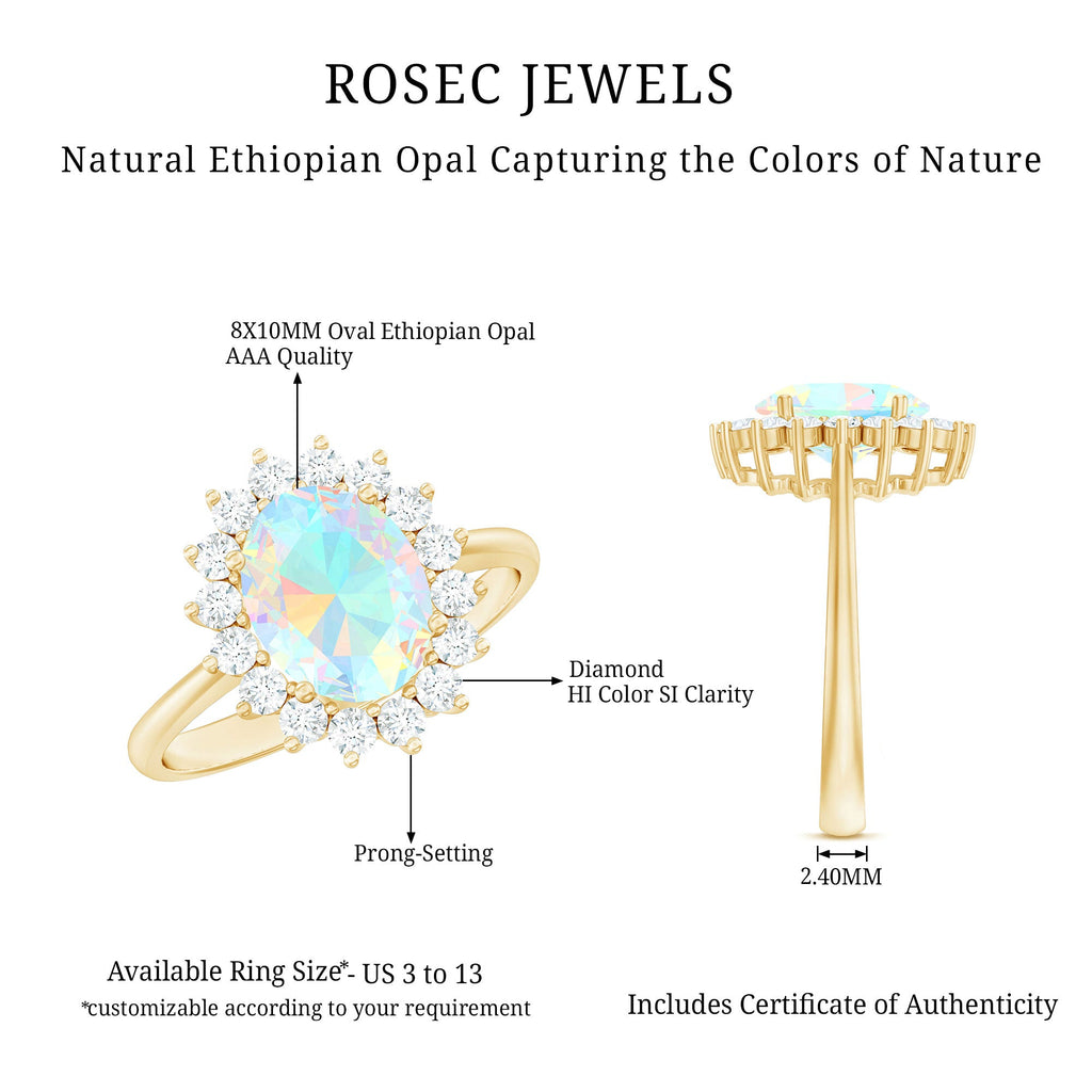Natural 1.3 Carat Ethiopian Rainbow Opal Oval Engagement Ring with Diamond Halo