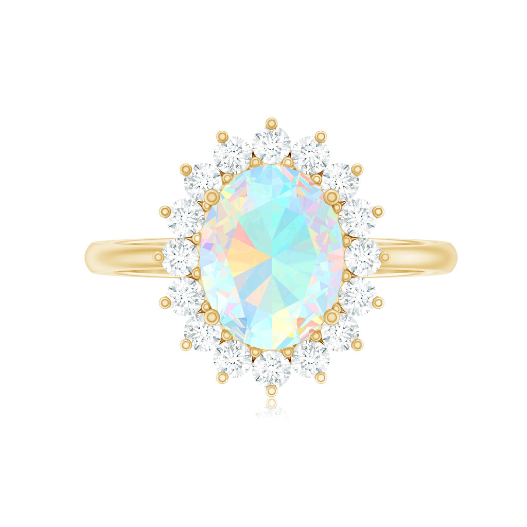 Natural 1.3 Carat Ethiopian Rainbow Opal Oval Engagement Ring with Diamond Halo