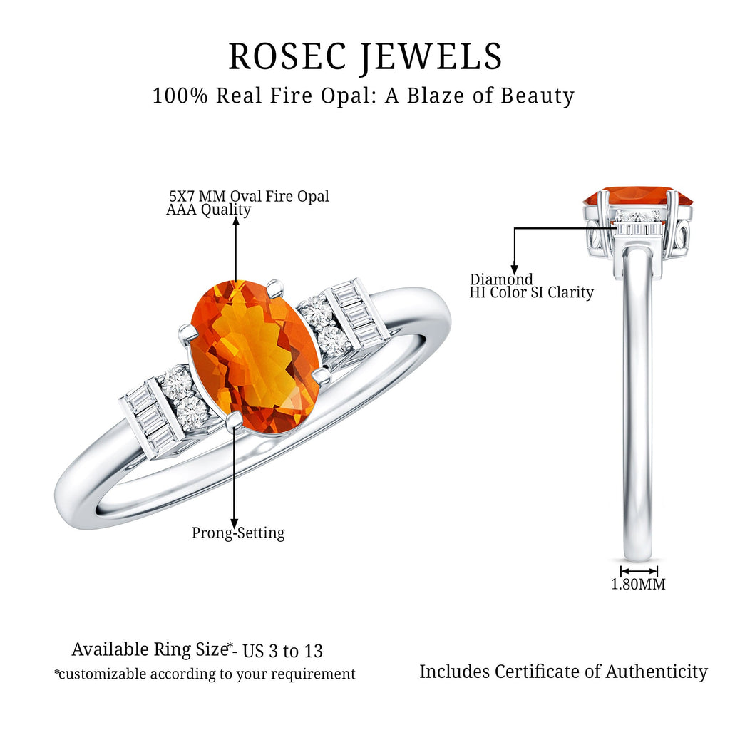 0.6 Carat Natural Oval Cut Fire Opal Classic Engagement Ring with Diamond