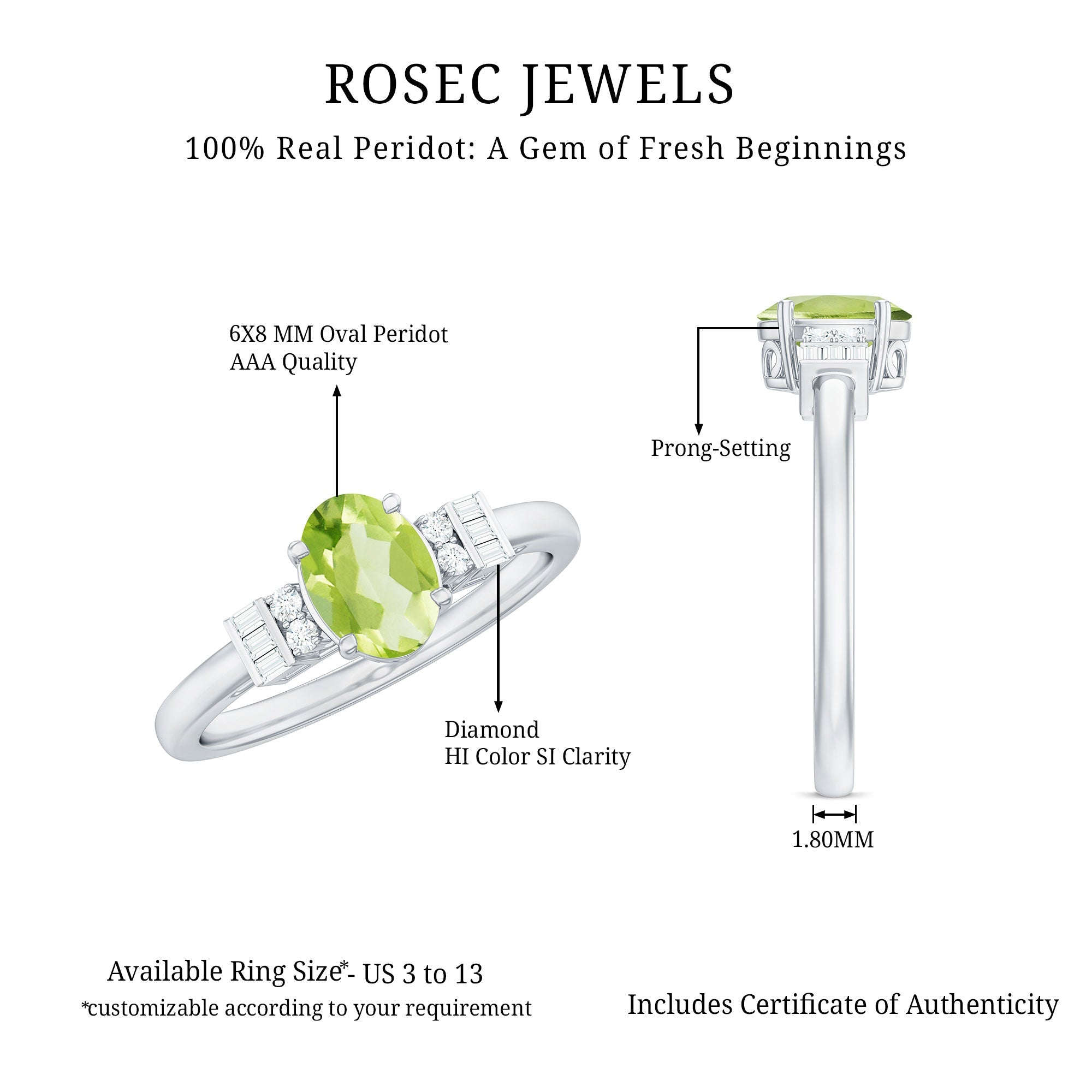 Genuine 1 Carat Peridot Oval Engagement Ring with Diamond