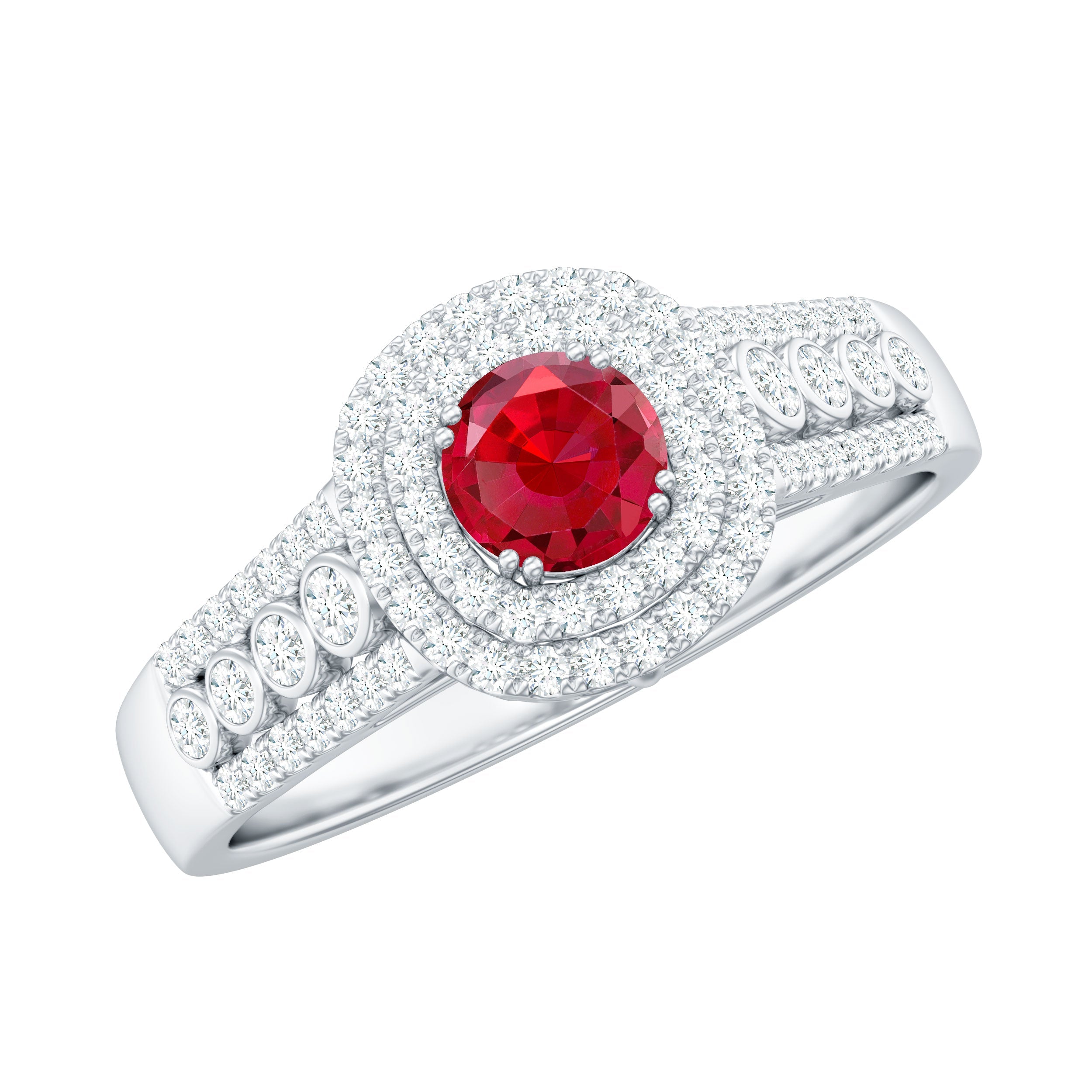Antique Style Lab Ruby and Moissanite Double Halo Engagement Ring