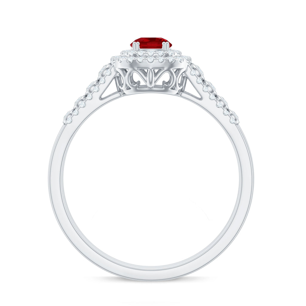 Antique Style Lab Ruby and Moissanite Double Halo Engagement Ring