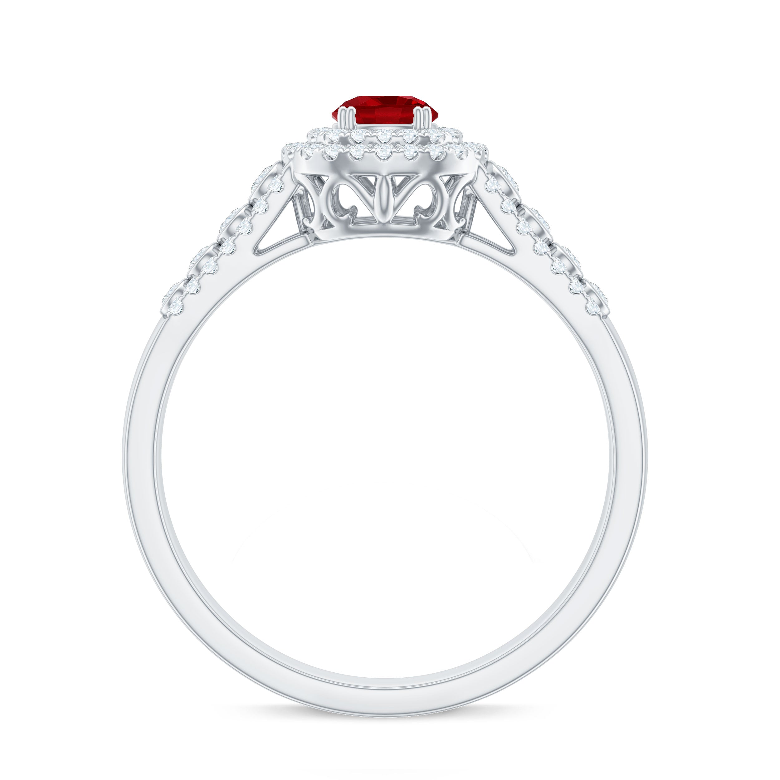 Antique Style Lab Ruby and Moissanite Double Halo Engagement Ring
