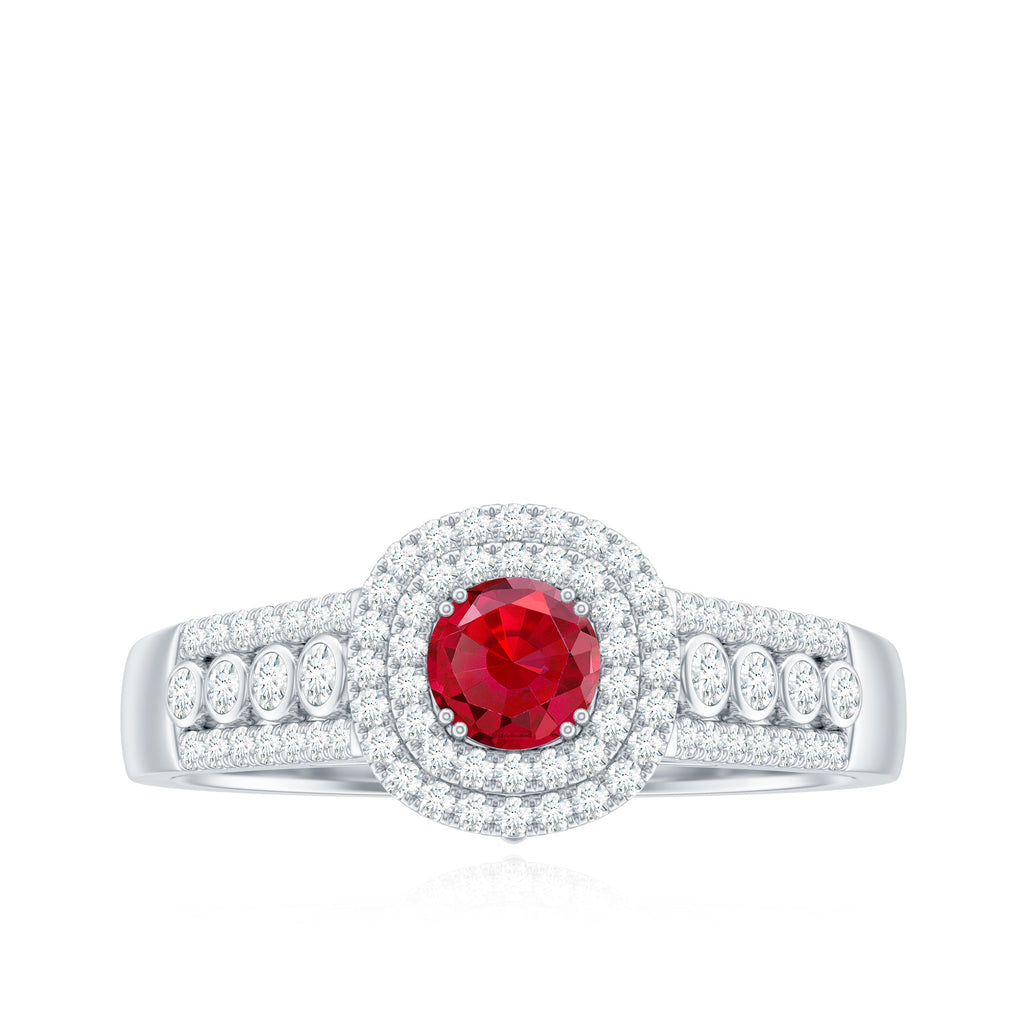 Antique Style Lab Ruby and Moissanite Double Halo Engagement Ring