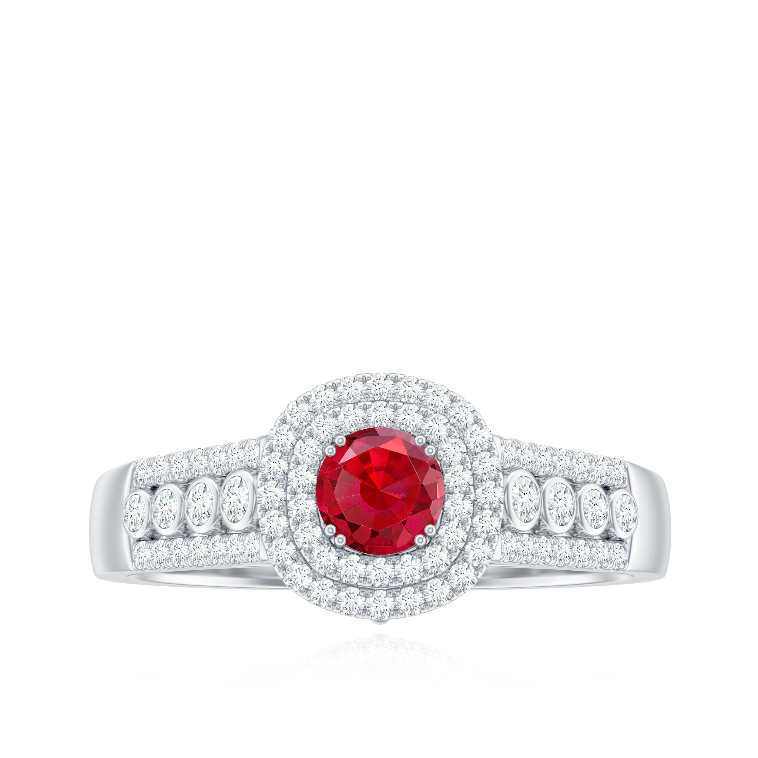 Antique Style Lab Ruby and Moissanite Double Halo Engagement Ring