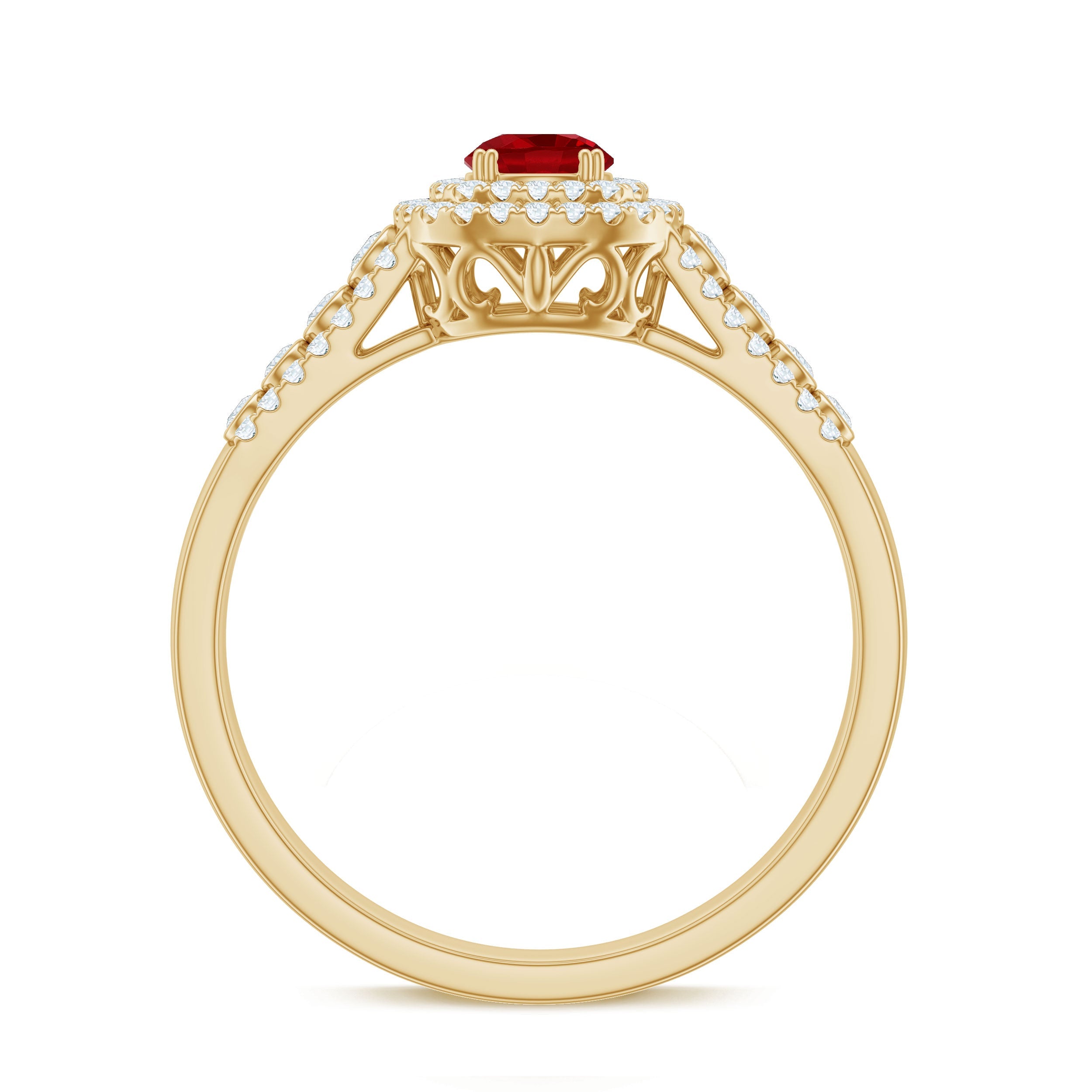 Antique Style Lab Ruby and Moissanite Double Halo Engagement Ring