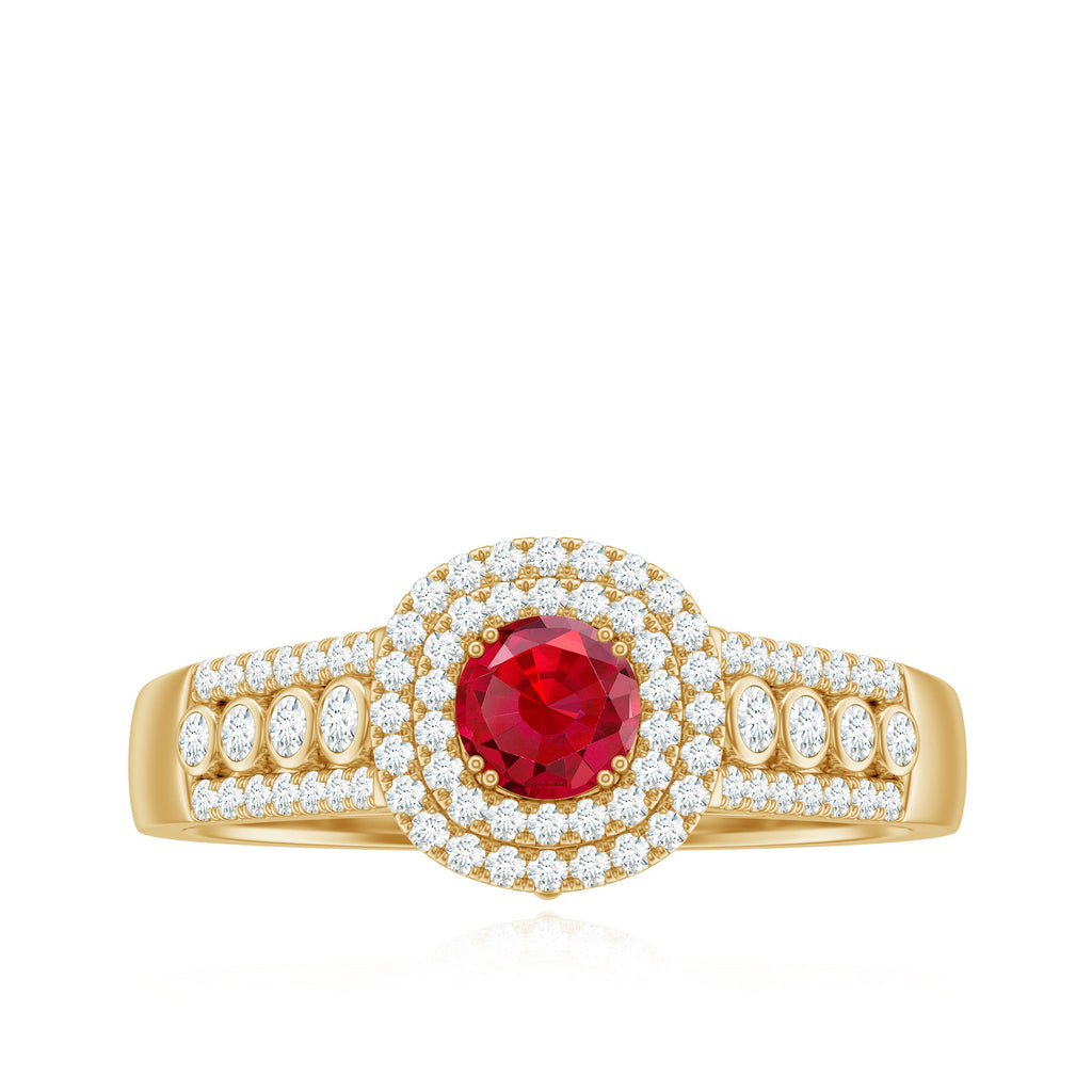 Antique Style Lab Ruby and Moissanite Double Halo Engagement Ring