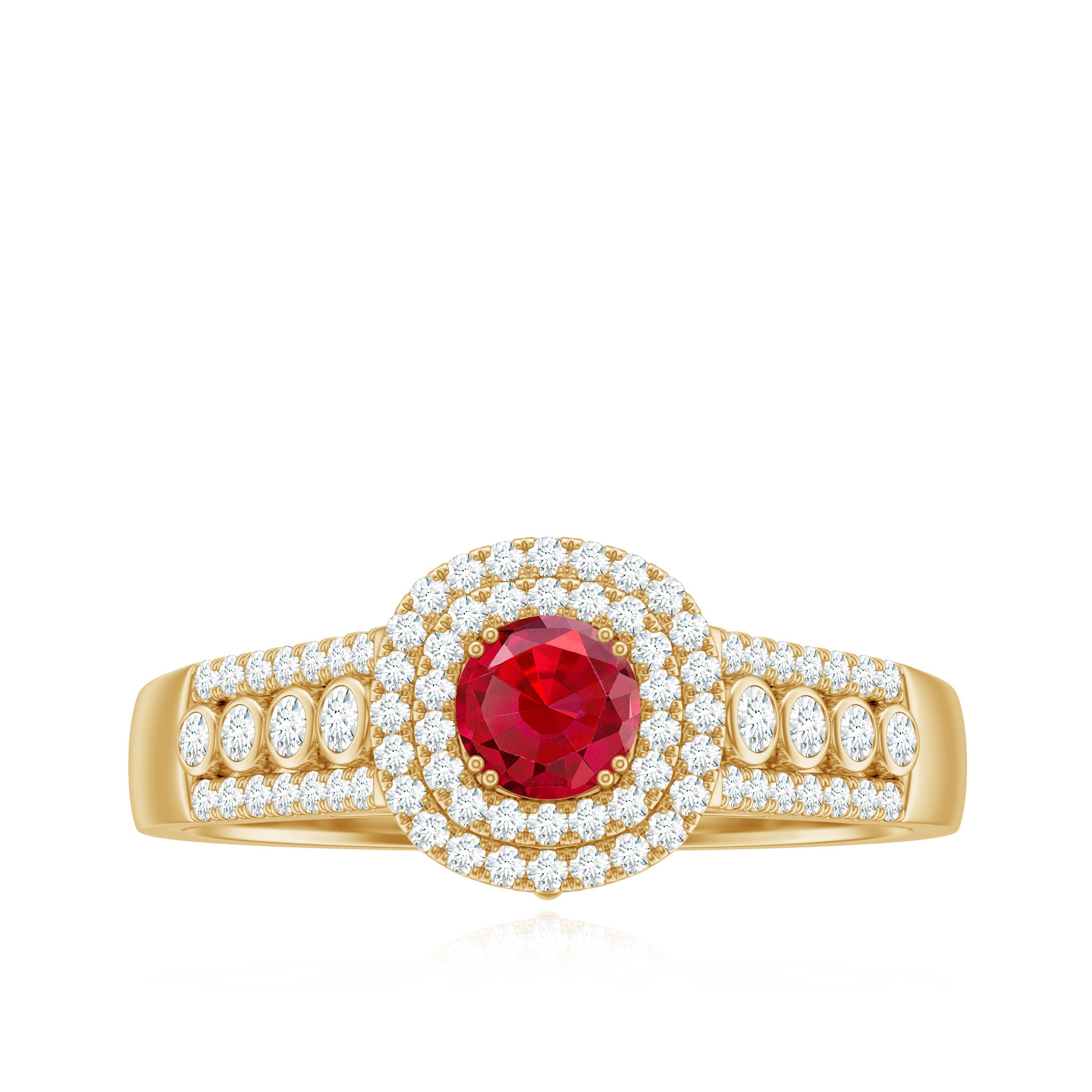 Antique Style Lab Ruby and Moissanite Double Halo Engagement Ring