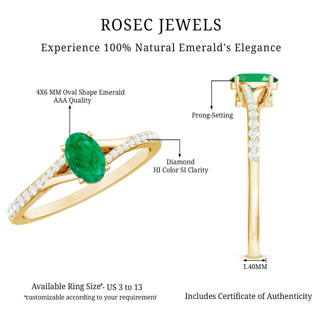 Natural Oval Emerald Promise Ring with Diamond Split Shank